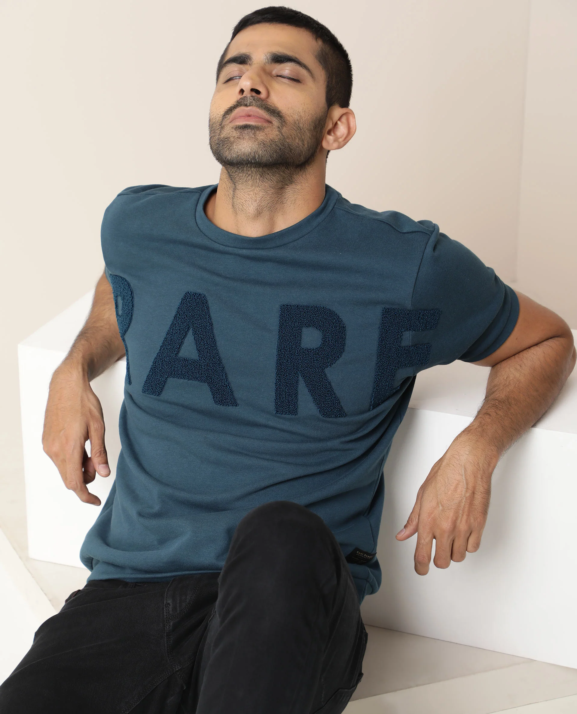 Rare Rabbit Men's Nory Petrol Cotton Slim Fit Half Sleeve Crew Neck T-Shirt - Image 5