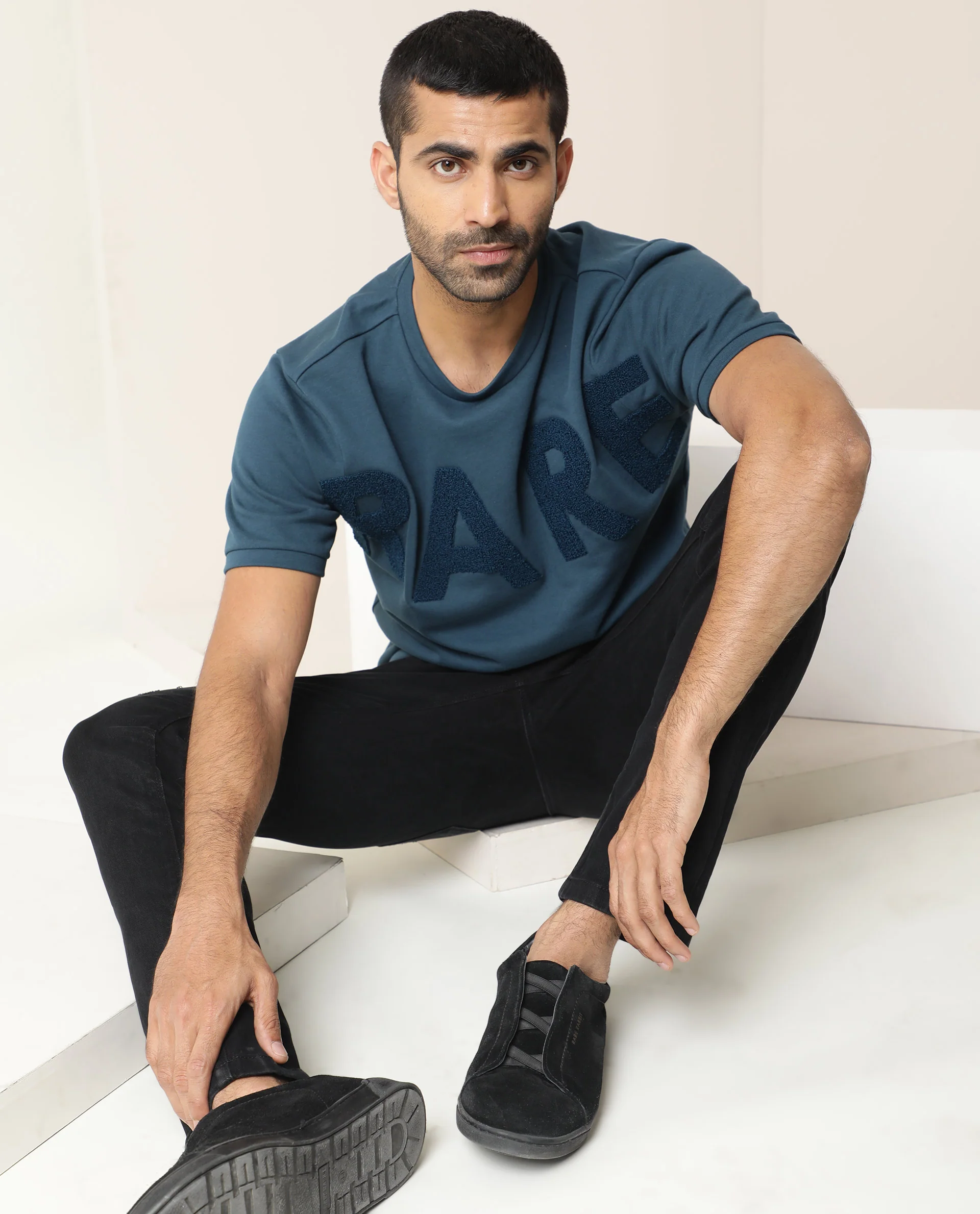 Rare Rabbit Men's Nory Petrol Cotton Slim Fit Half Sleeve Crew Neck T-Shirt - Image 9