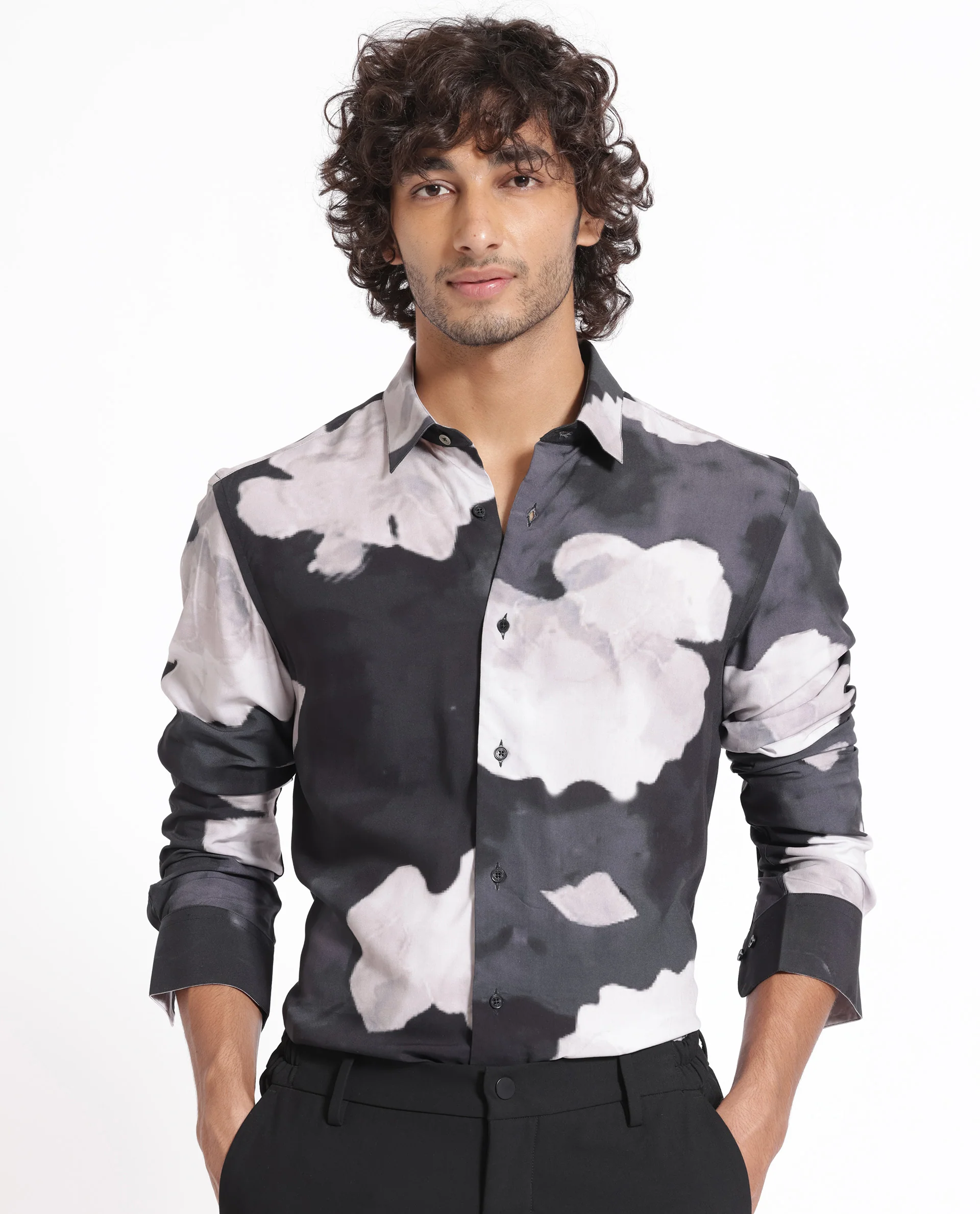 Rare Rabbit Men's Noten Black Viscose Floral Print Regular Fit Full Sleeve Collared Shirt