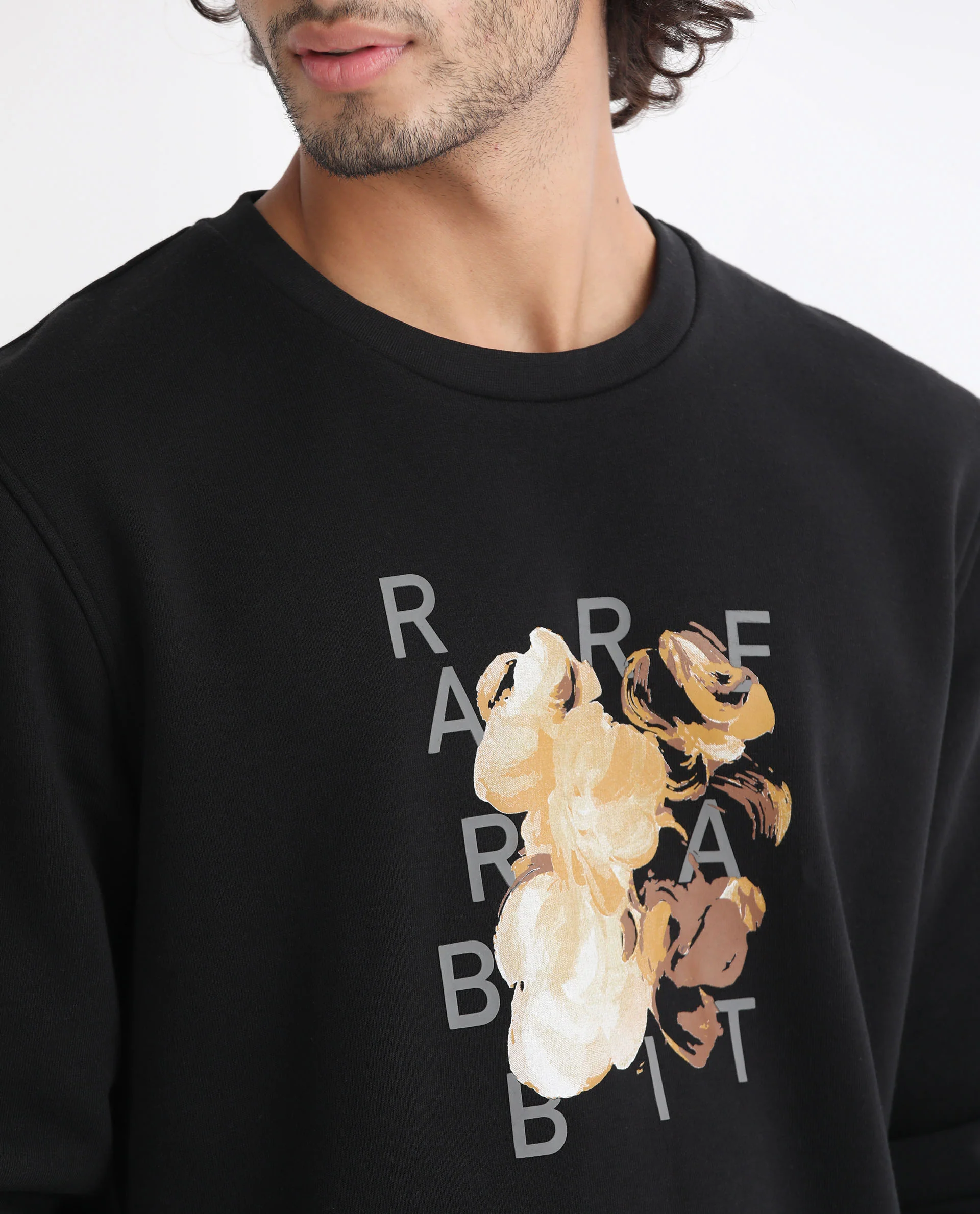 Rare Rabbit Men's Notic Black Cotton Floral Print Relaxed Fit Full Sleeve Crew Neck Sweatshirt - Image 2