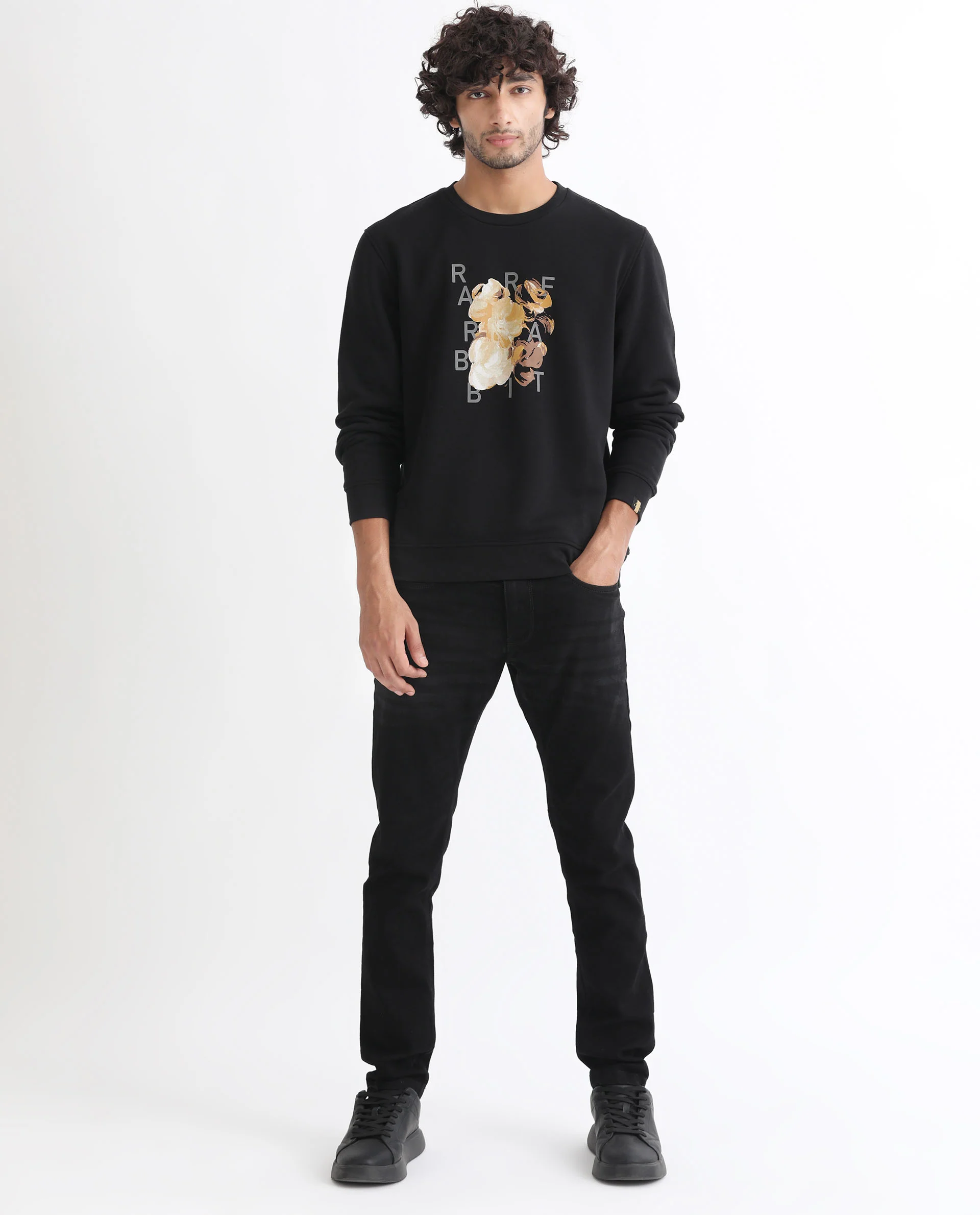 Rare Rabbit Men's Notic Black Cotton Floral Print Relaxed Fit Full Sleeve Crew Neck Sweatshirt - Image 4