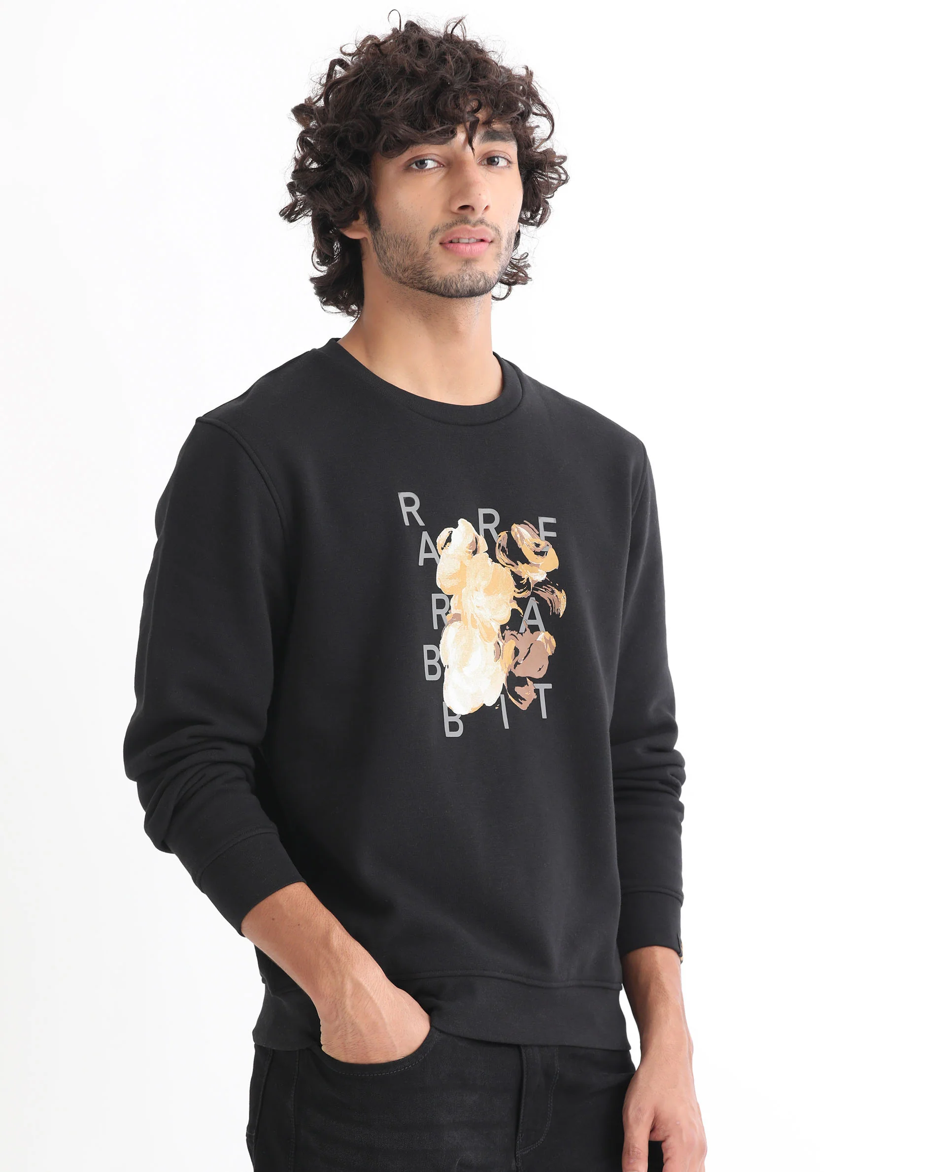 Rare Rabbit Men's Notic Black Cotton Floral Print Relaxed Fit Full Sleeve Crew Neck Sweatshirt - Image 6