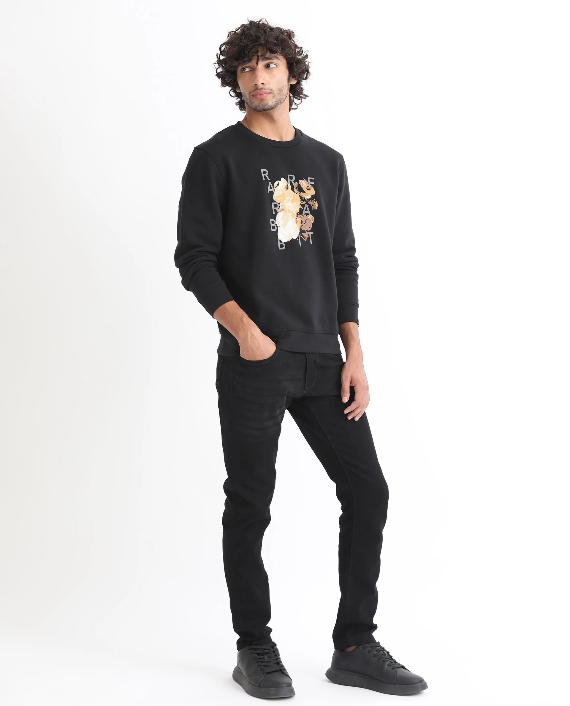 Rare Rabbit Men's Notic Black Cotton Floral Print Relaxed Fit Full Sleeve Crew Neck Sweatshirt - Image 7