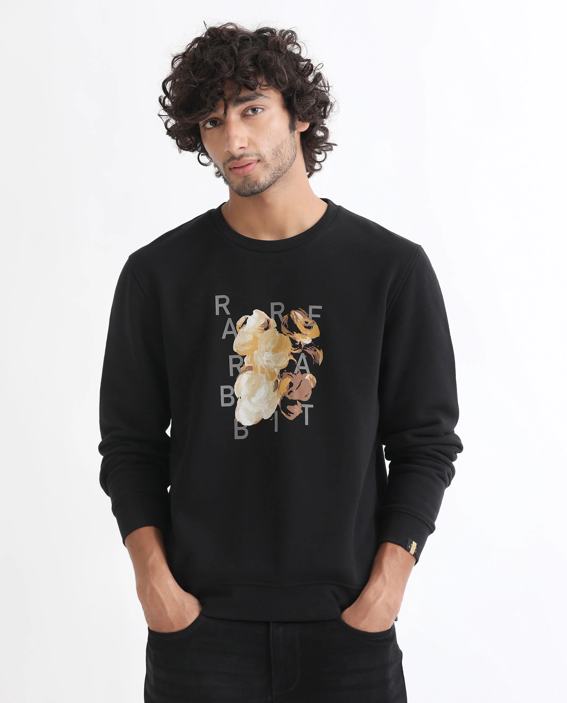 Rare Rabbit Men's Notic Black Cotton Floral Print Relaxed Fit Full Sleeve Crew Neck Sweatshirt - Image 8