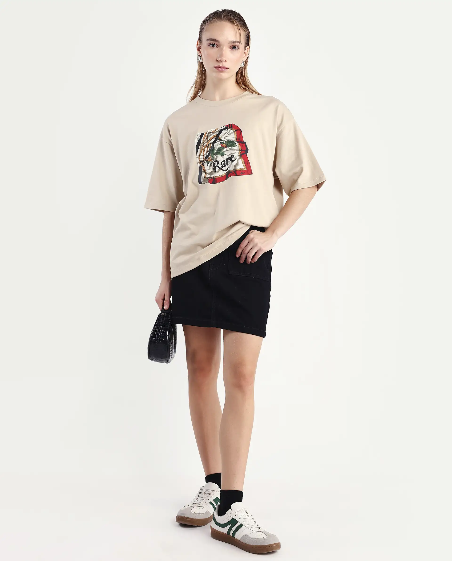 Rareism Women's Nouv Beige Cotton Crew Neck Oversized Fit T-Shirt Oversize - Image 2