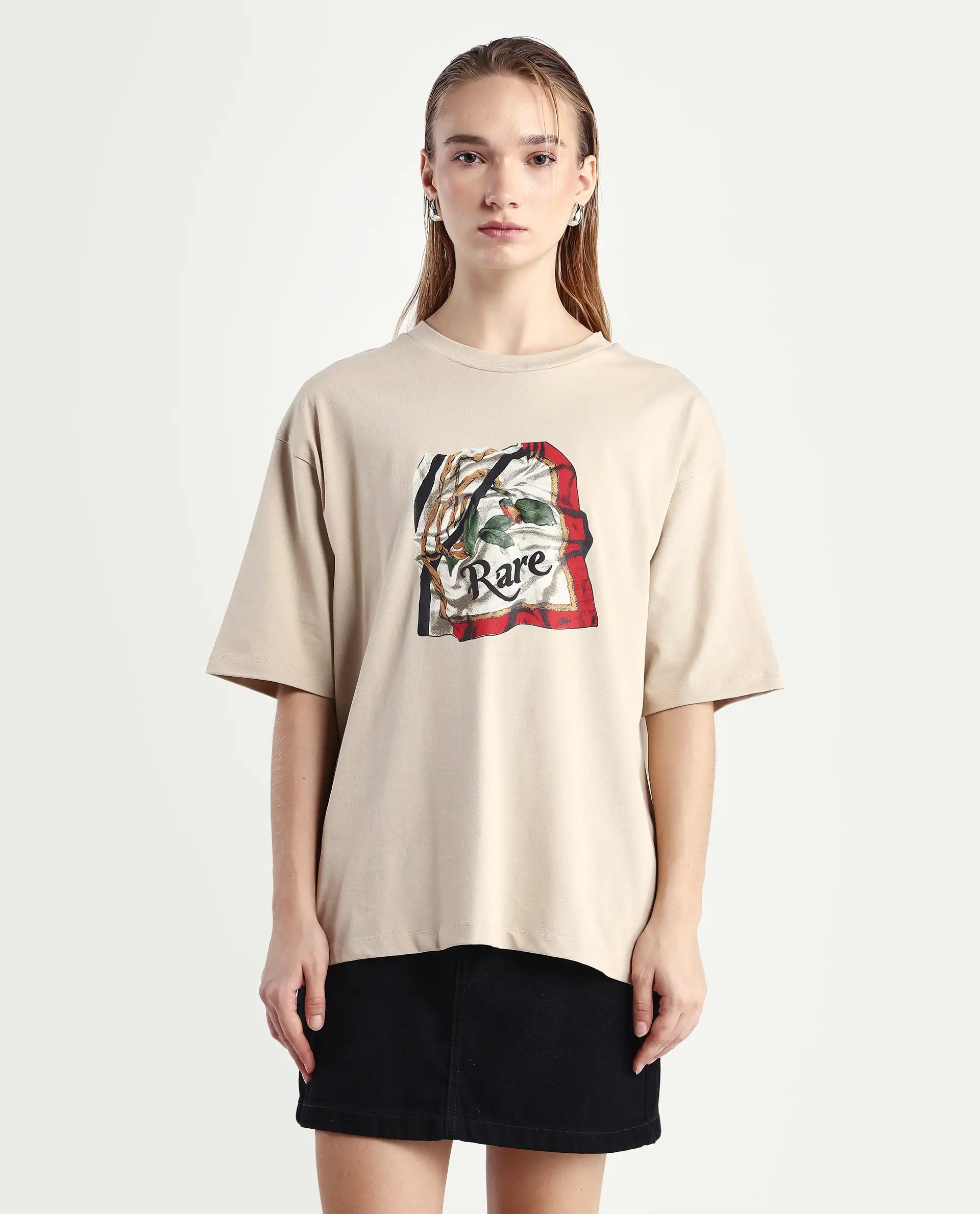Rareism Women's Nouv Beige Cotton Crew Neck Oversized Fit T-Shirt Oversize - Image 3