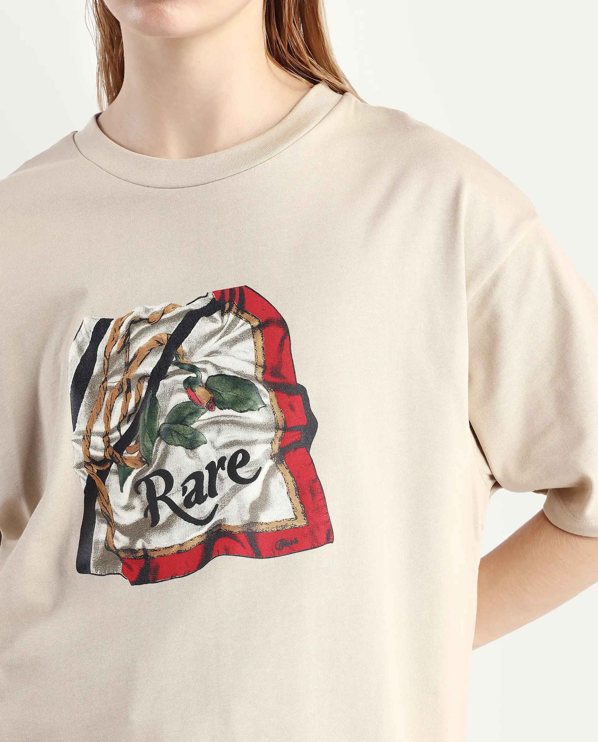 Rareism Women's Nouv Beige Cotton Crew Neck Oversized Fit T-Shirt Oversize - Image 4
