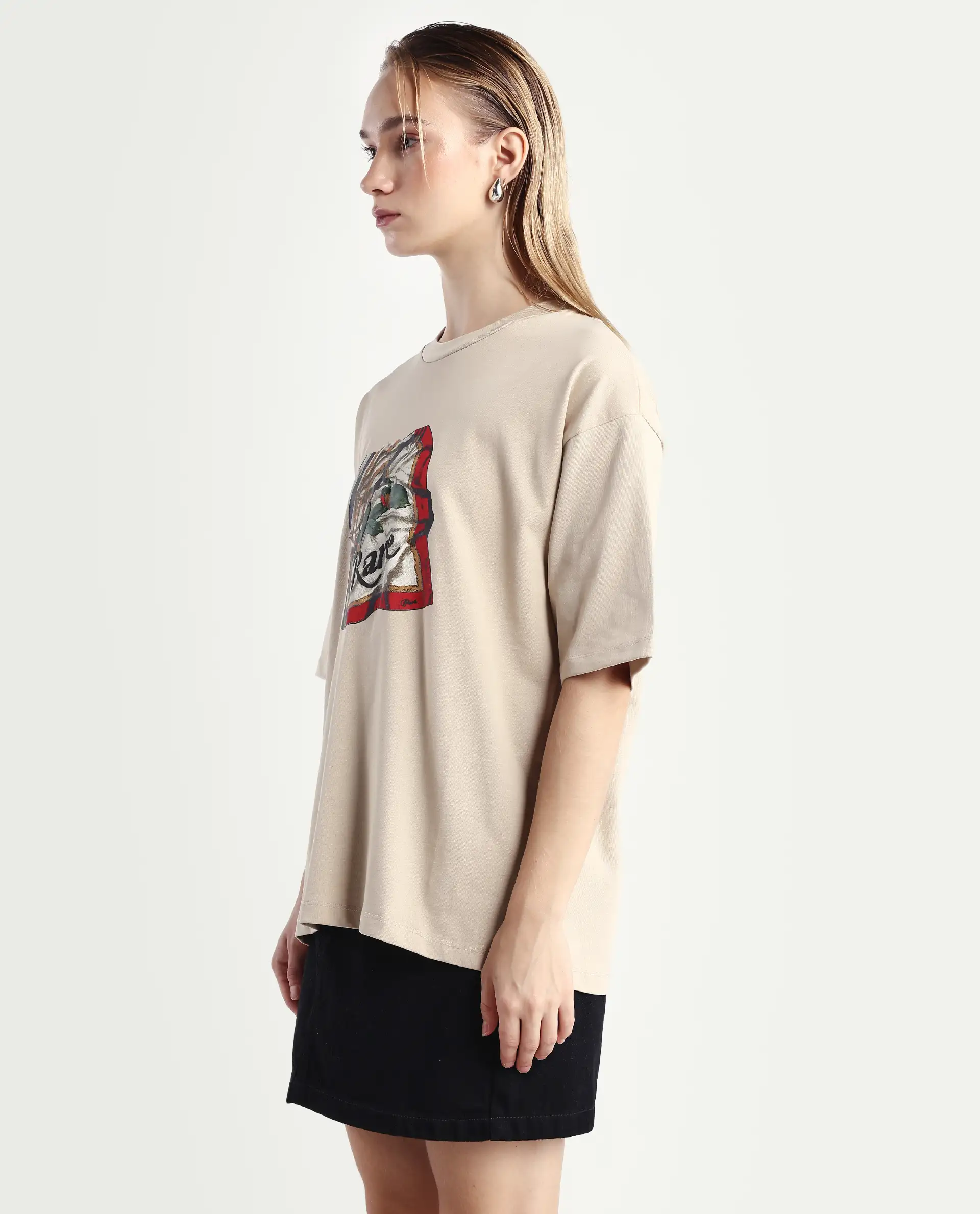Rareism Women's Nouv Beige Cotton Crew Neck Oversized Fit T-Shirt Oversize - Image 5