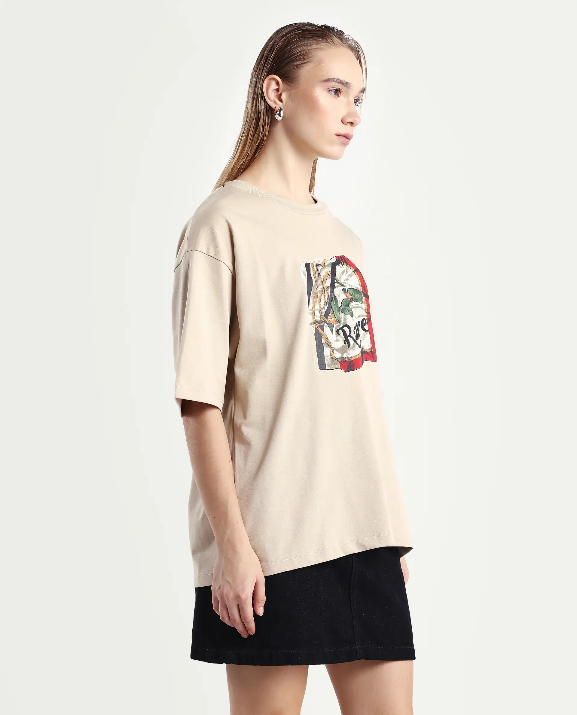 Rareism Women's Nouv Beige Cotton Crew Neck Oversized Fit T-Shirt Oversize - Image 6