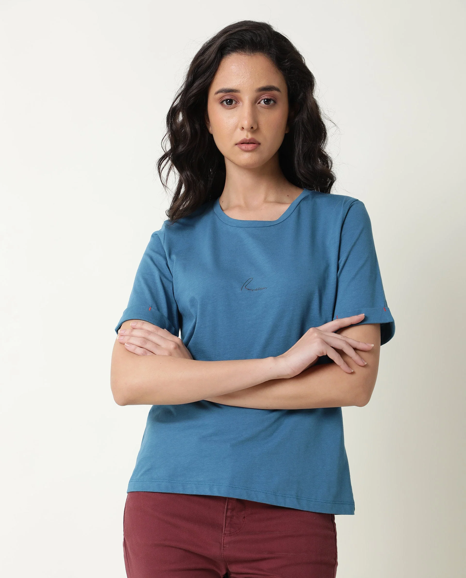 Rareism Women's Nova Tee 2 Blue Cotton Crew Neck Plain Regular Fit T-Shirt