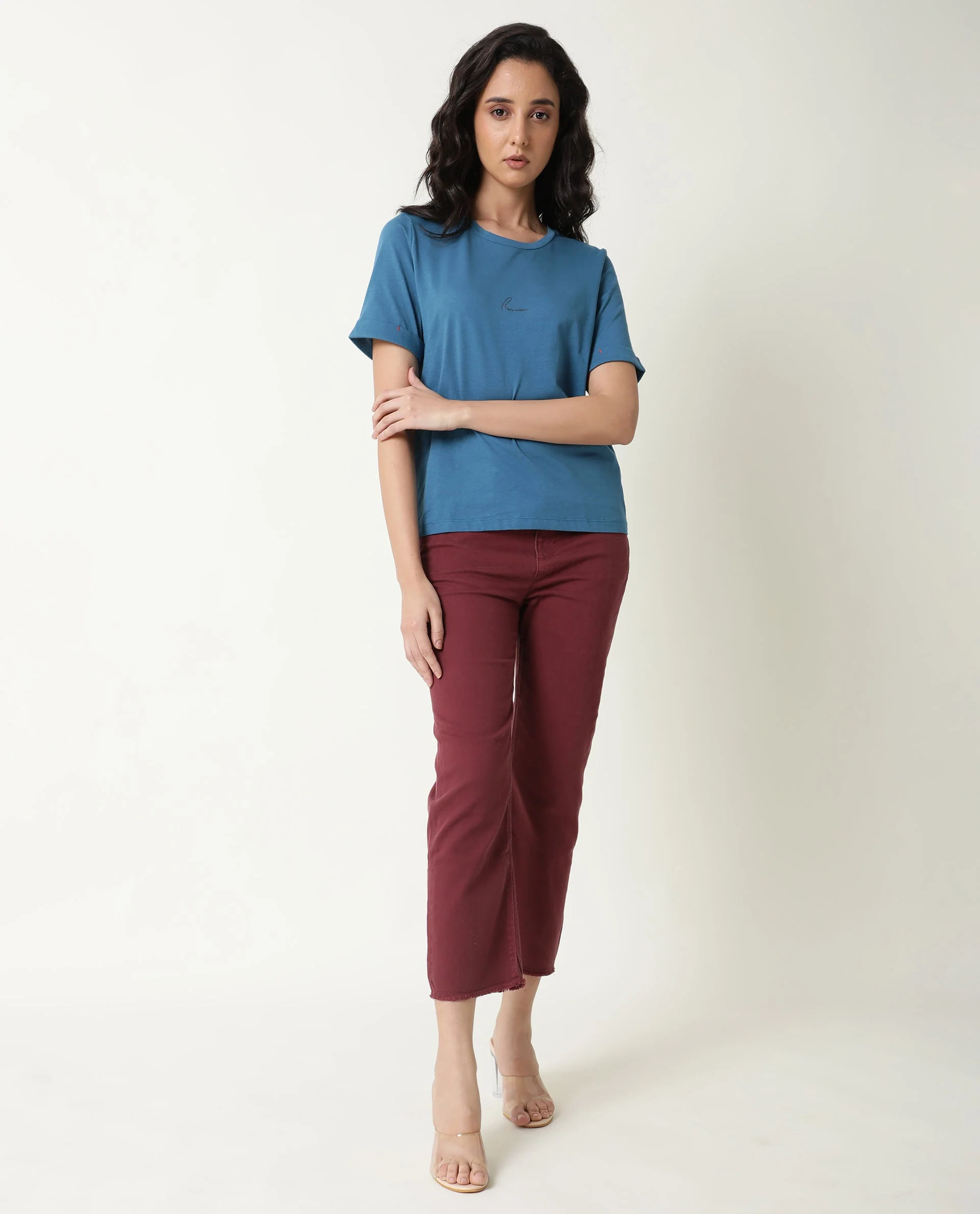 Rareism Women's Nova Tee 2 Blue Cotton Crew Neck Plain Regular Fit T-Shirt - Image 2