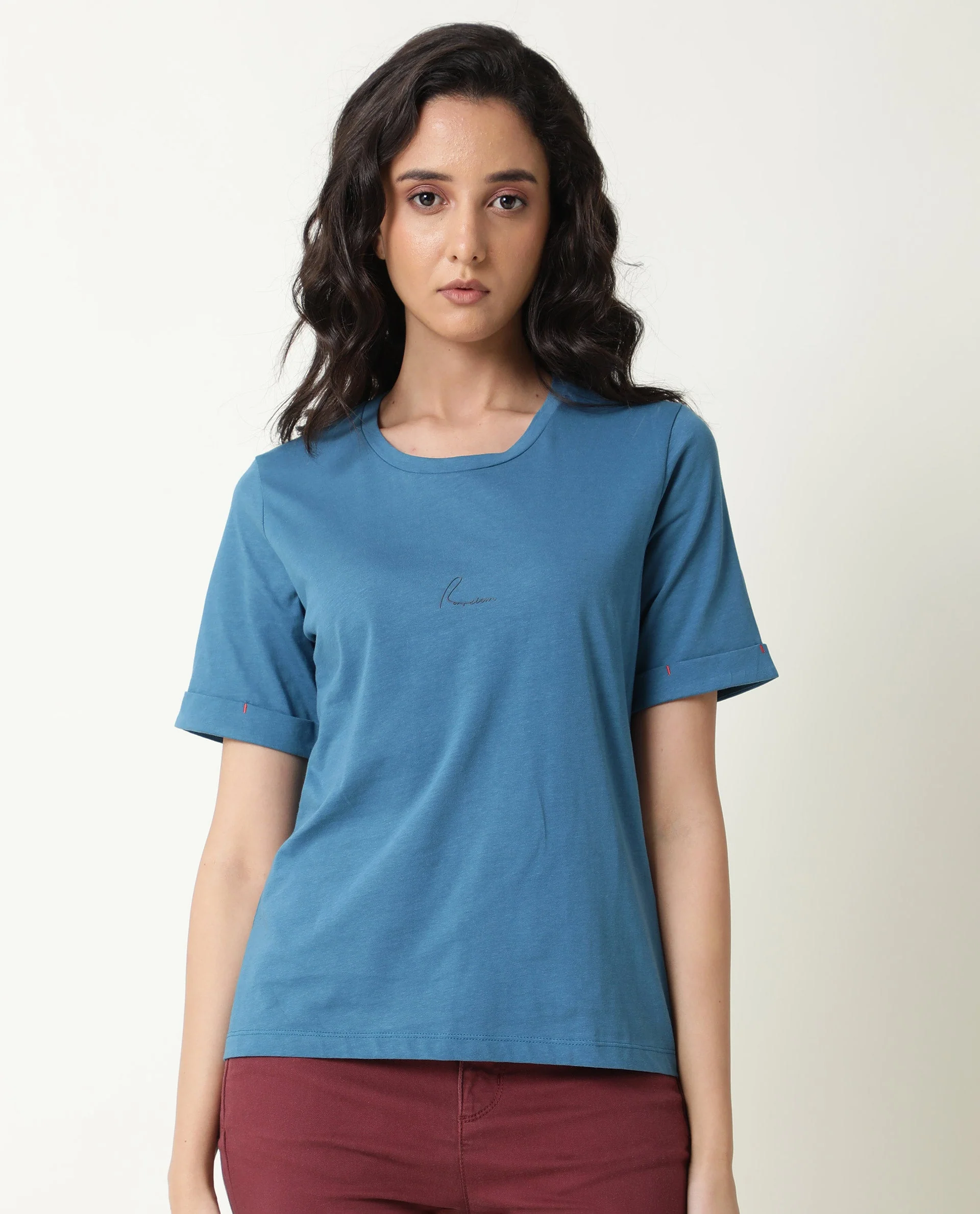 Rareism Women's Nova Tee 2 Blue Cotton Crew Neck Plain Regular Fit T-Shirt - Image 3