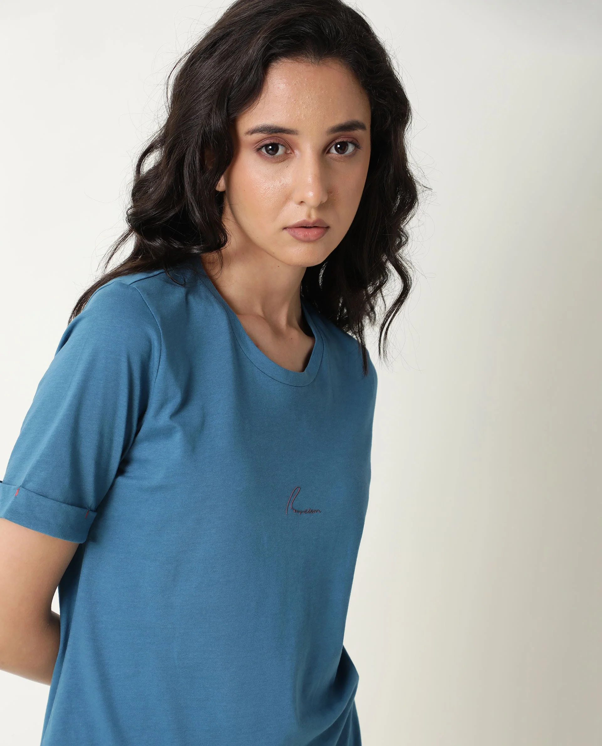 Rareism Women's Nova Tee 2 Blue Cotton Crew Neck Plain Regular Fit T-Shirt - Image 4