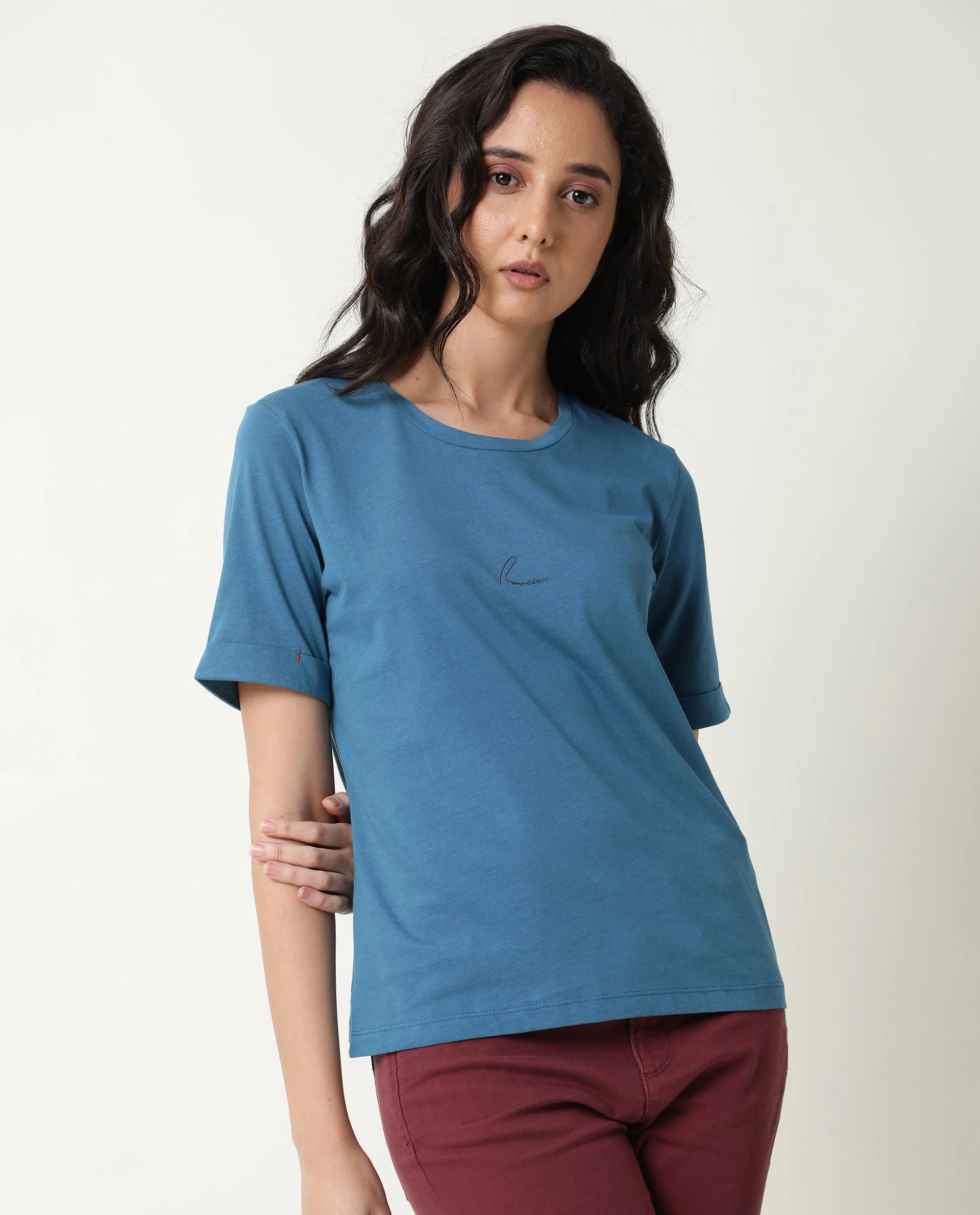 Rareism Women's Nova Tee 2 Blue Cotton Crew Neck Plain Regular Fit T-Shirt - Image 5