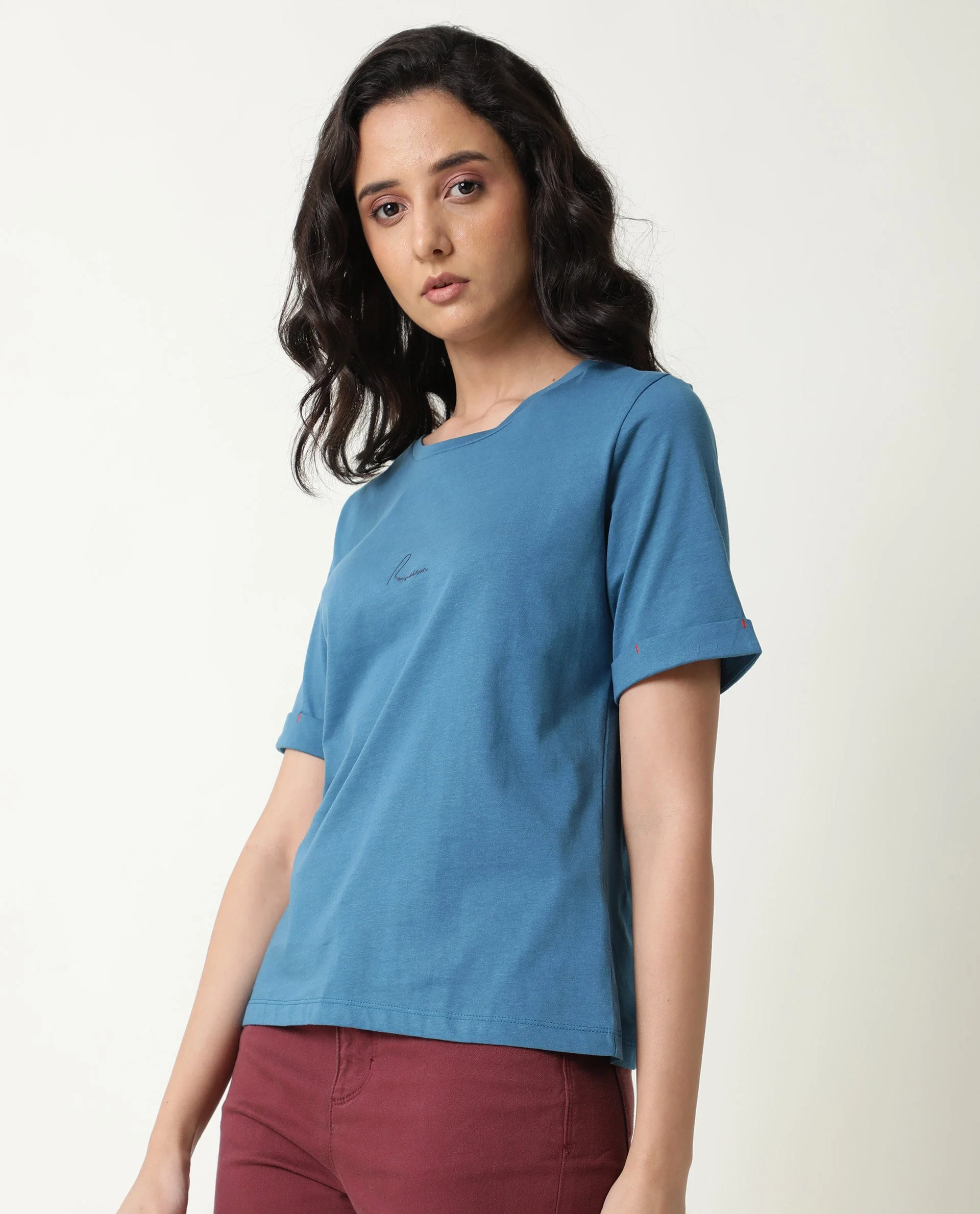 Rareism Women's Nova Tee 2 Blue Cotton Crew Neck Plain Regular Fit T-Shirt - Image 6