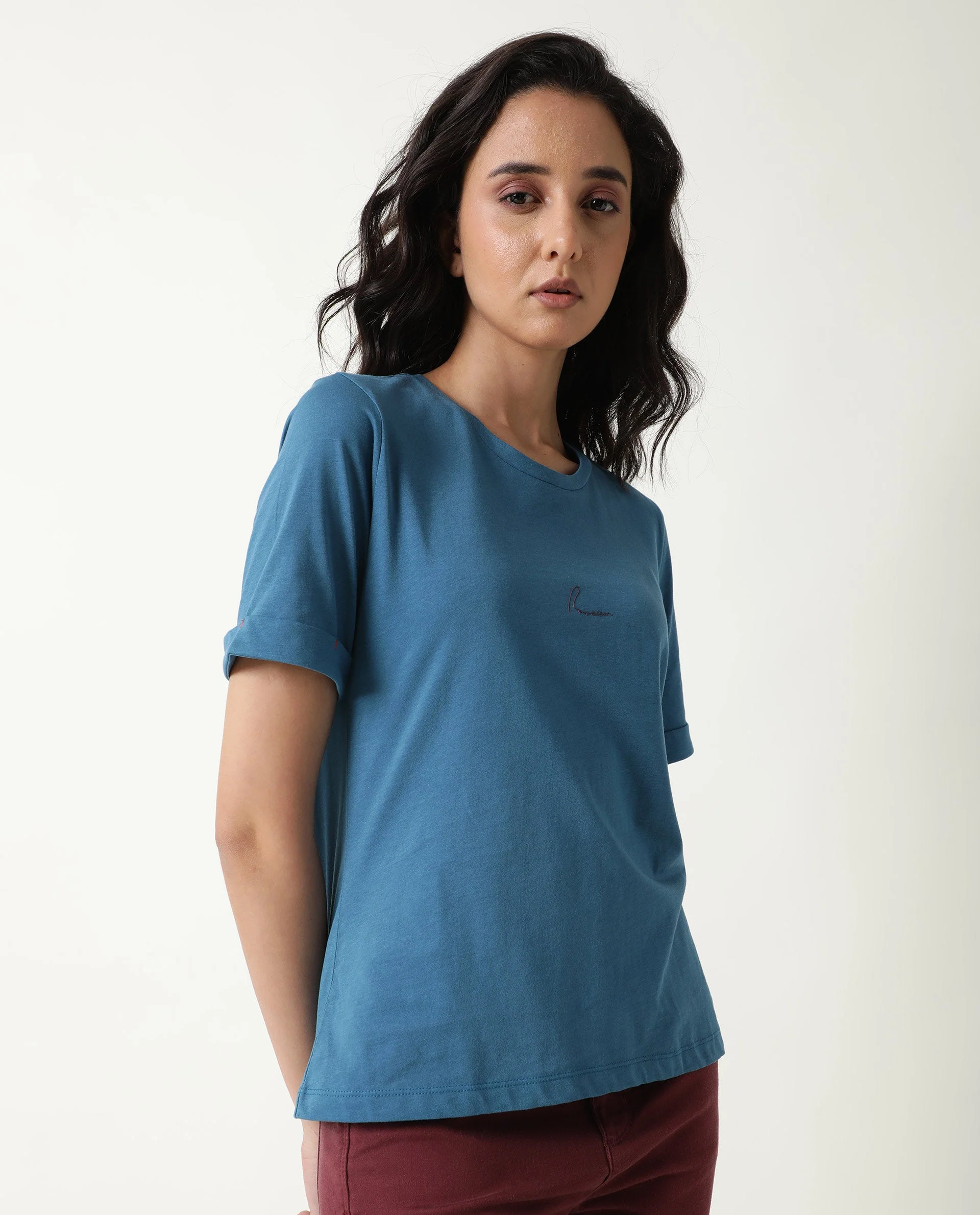 Rareism Women's Nova Tee 2 Blue Cotton Crew Neck Plain Regular Fit T-Shirt - Image 7