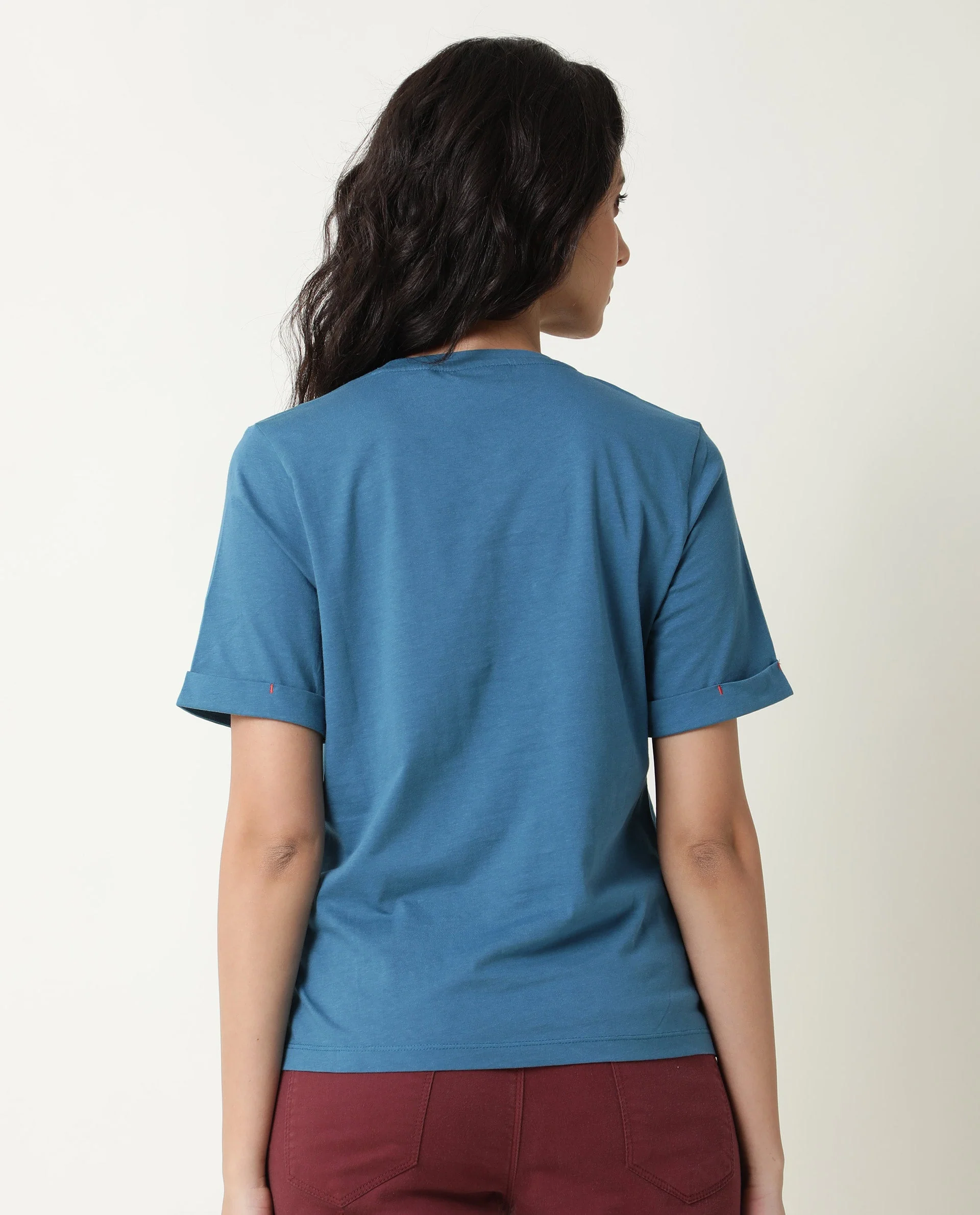 Rareism Women's Nova Tee 2 Blue Cotton Crew Neck Plain Regular Fit T-Shirt - Image 8