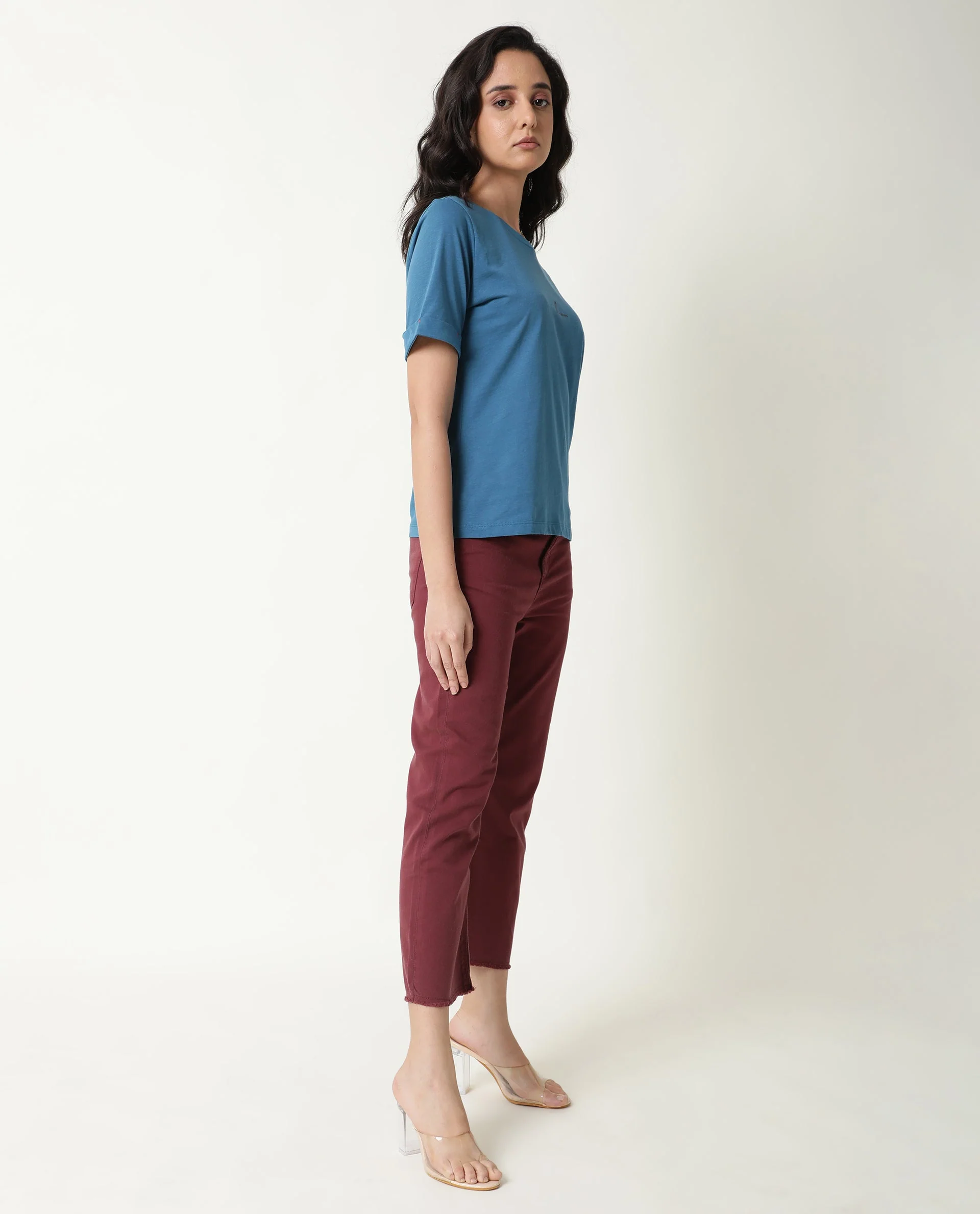 Rareism Women's Nova Tee 2 Blue Cotton Crew Neck Plain Regular Fit T-Shirt - Image 9