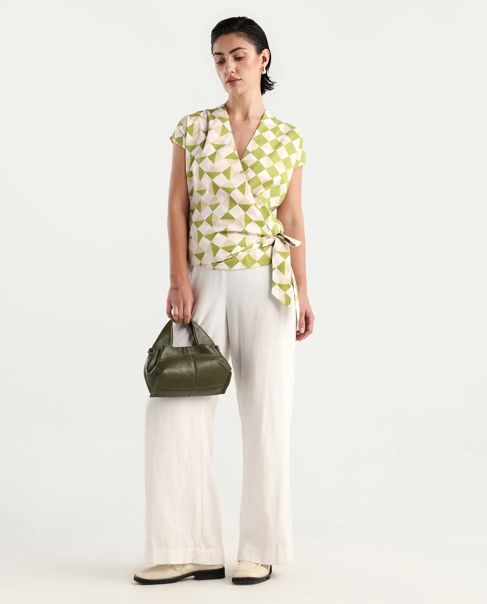 Rareism Women's Novarna Light Green Cotton Overlap Neck Geometric Print Extended Sleeves Regular Fit Top - Image 2