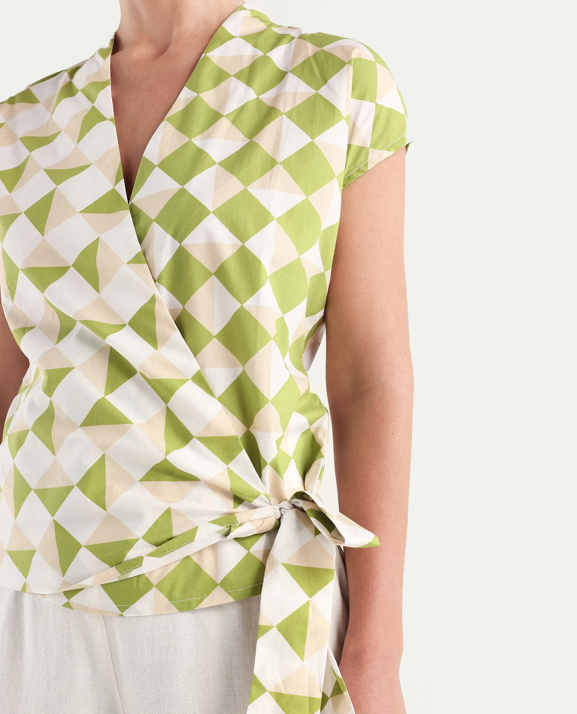 Rareism Women's Novarna Light Green Cotton Overlap Neck Geometric Print Extended Sleeves Regular Fit Top - Image 3