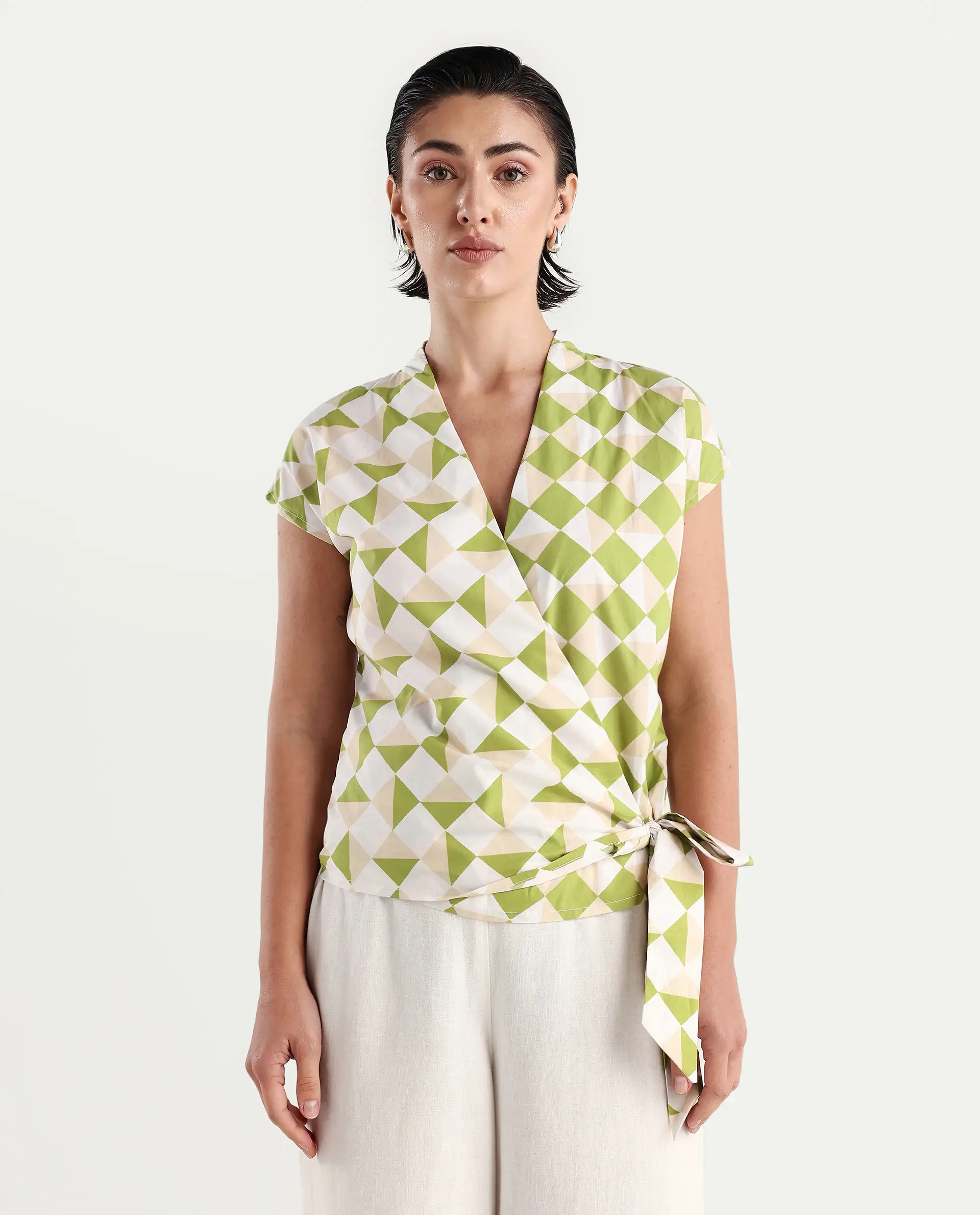 Rareism Women's Novarna Light Green Cotton Overlap Neck Geometric Print Extended Sleeves Regular Fit Top - Image 4