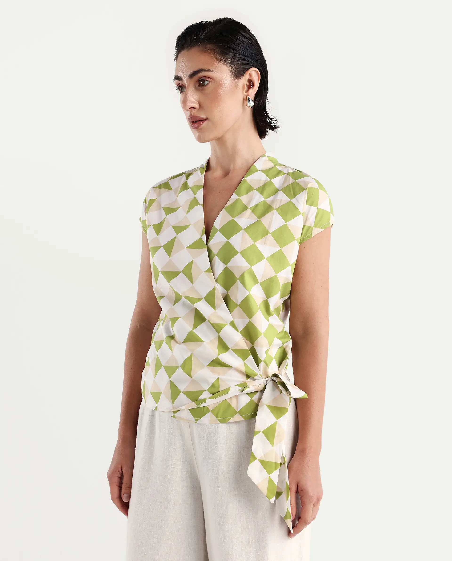 Rareism Women's Novarna Light Green Cotton Overlap Neck Geometric Print Extended Sleeves Regular Fit Top - Image 5
