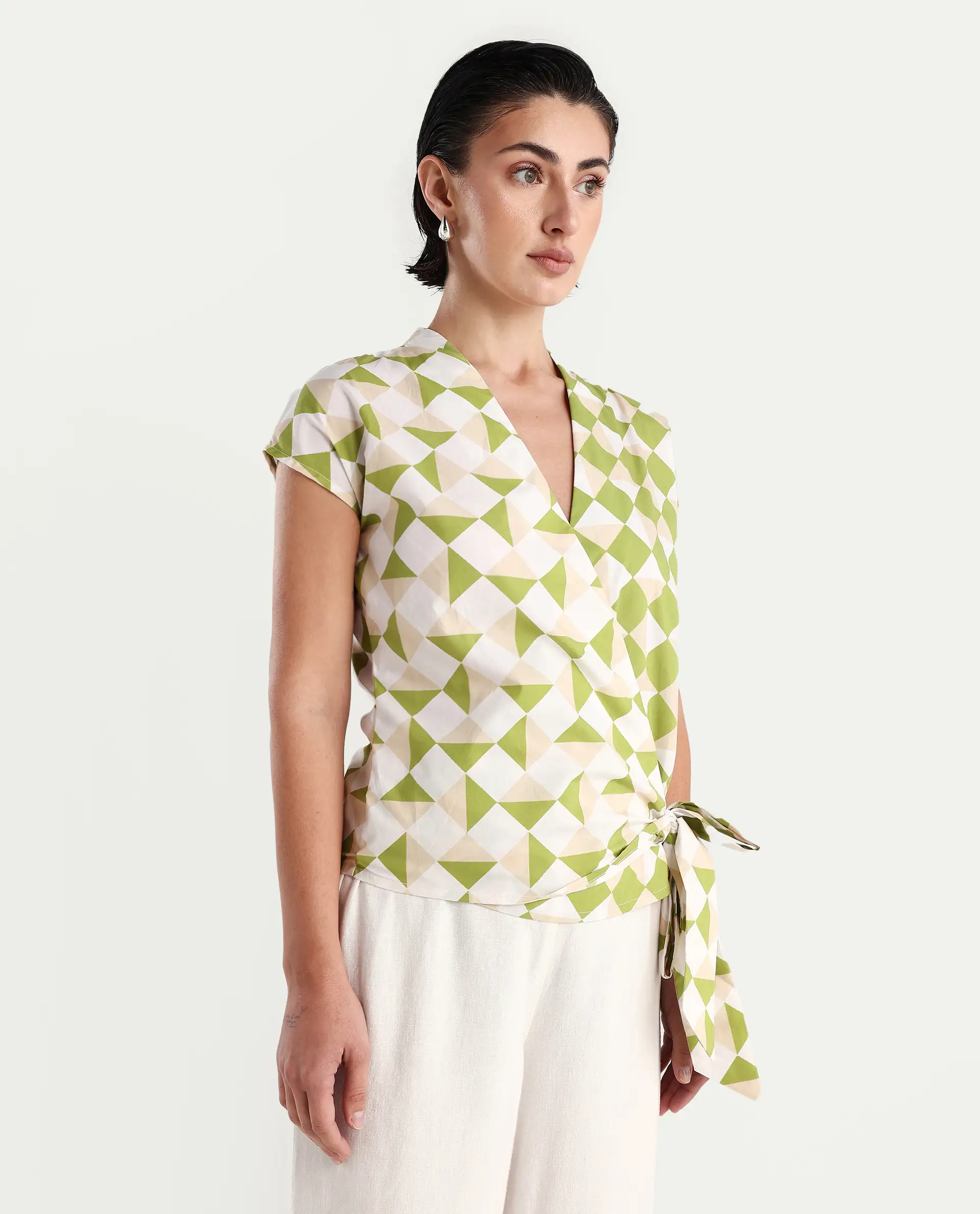 Rareism Women's Novarna Light Green Cotton Overlap Neck Geometric Print Extended Sleeves Regular Fit Top - Image 6