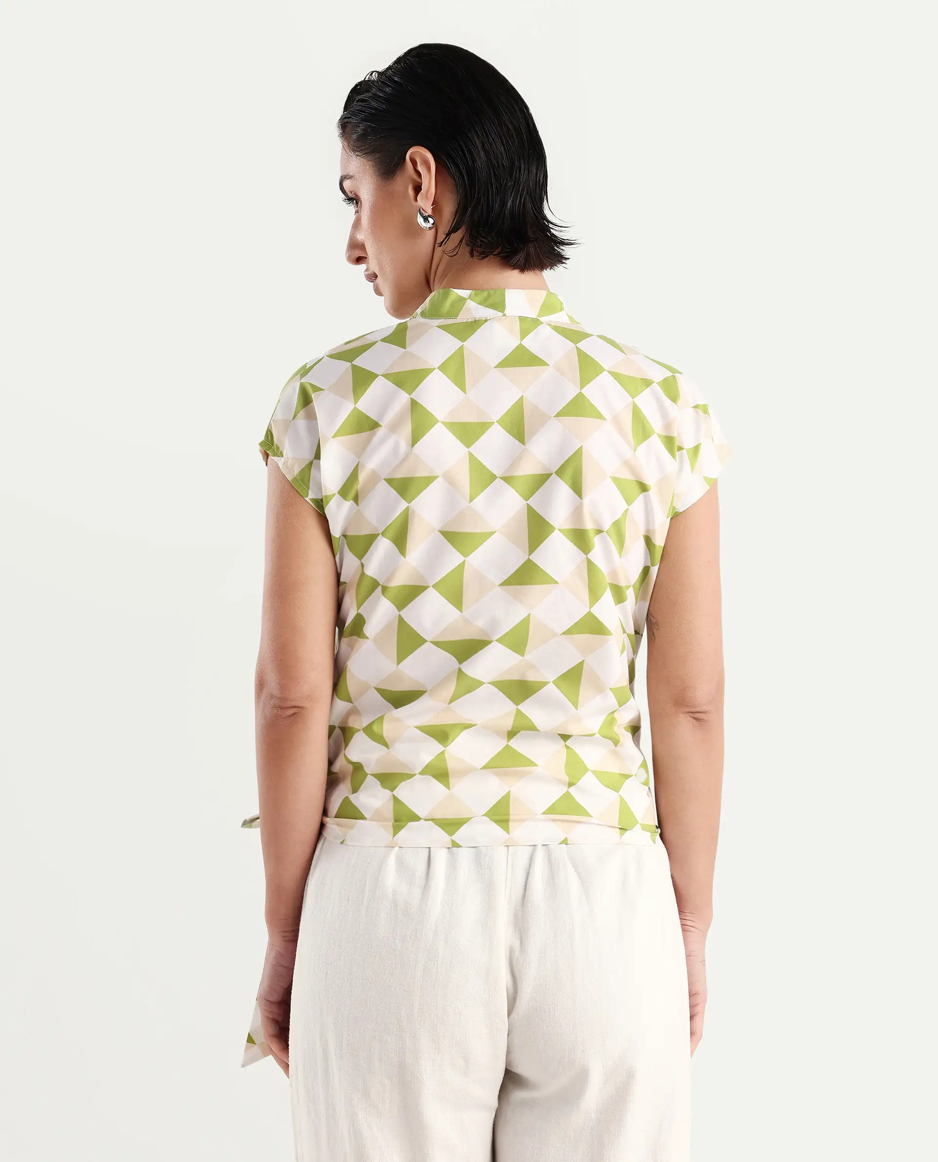 Rareism Women's Novarna Light Green Cotton Overlap Neck Geometric Print Extended Sleeves Regular Fit Top - Image 7