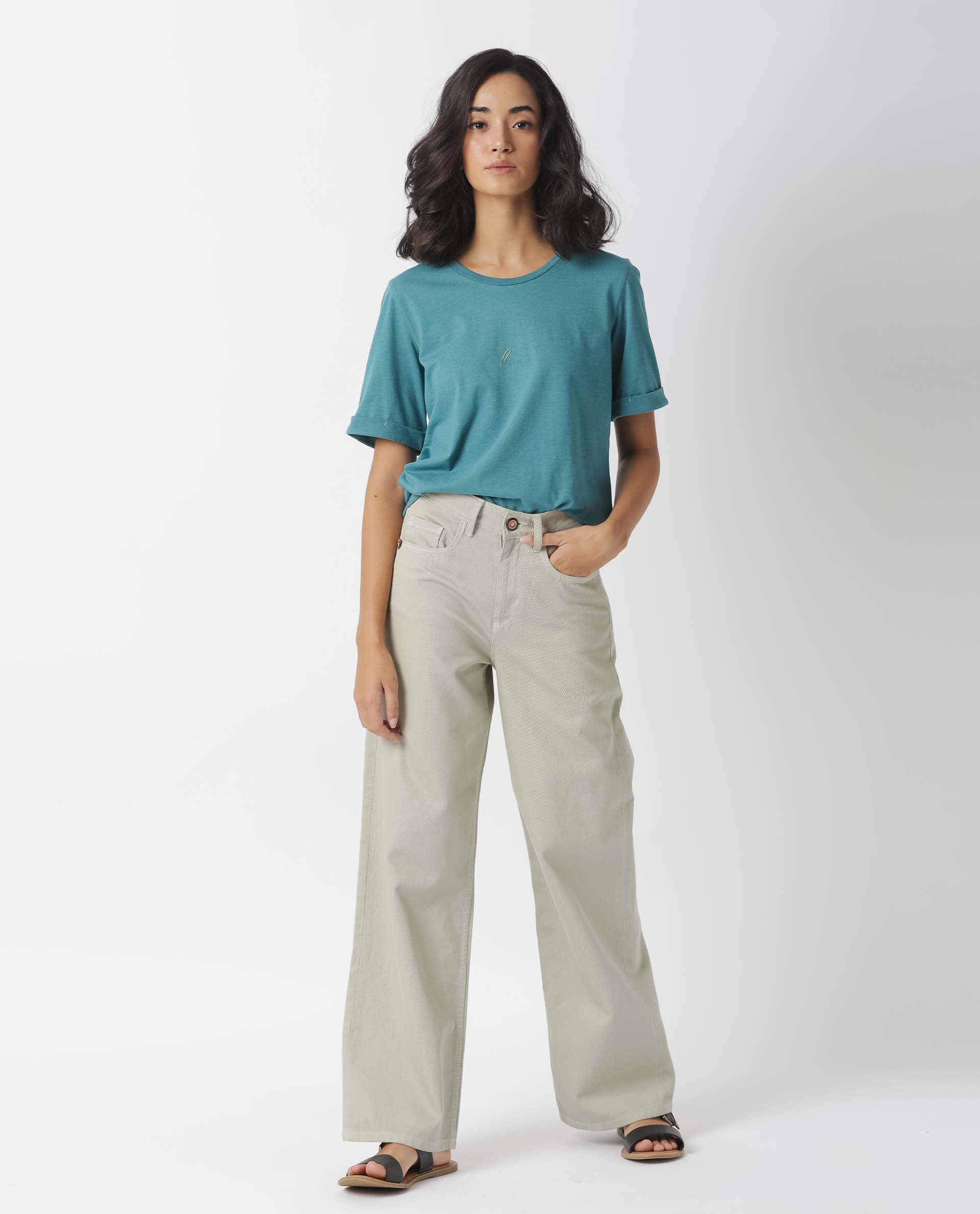 Rareism Women's Nova Tee 2 Green Cotton Blend Crew Neck Plain Regular Fit T-Shirt - Image 3