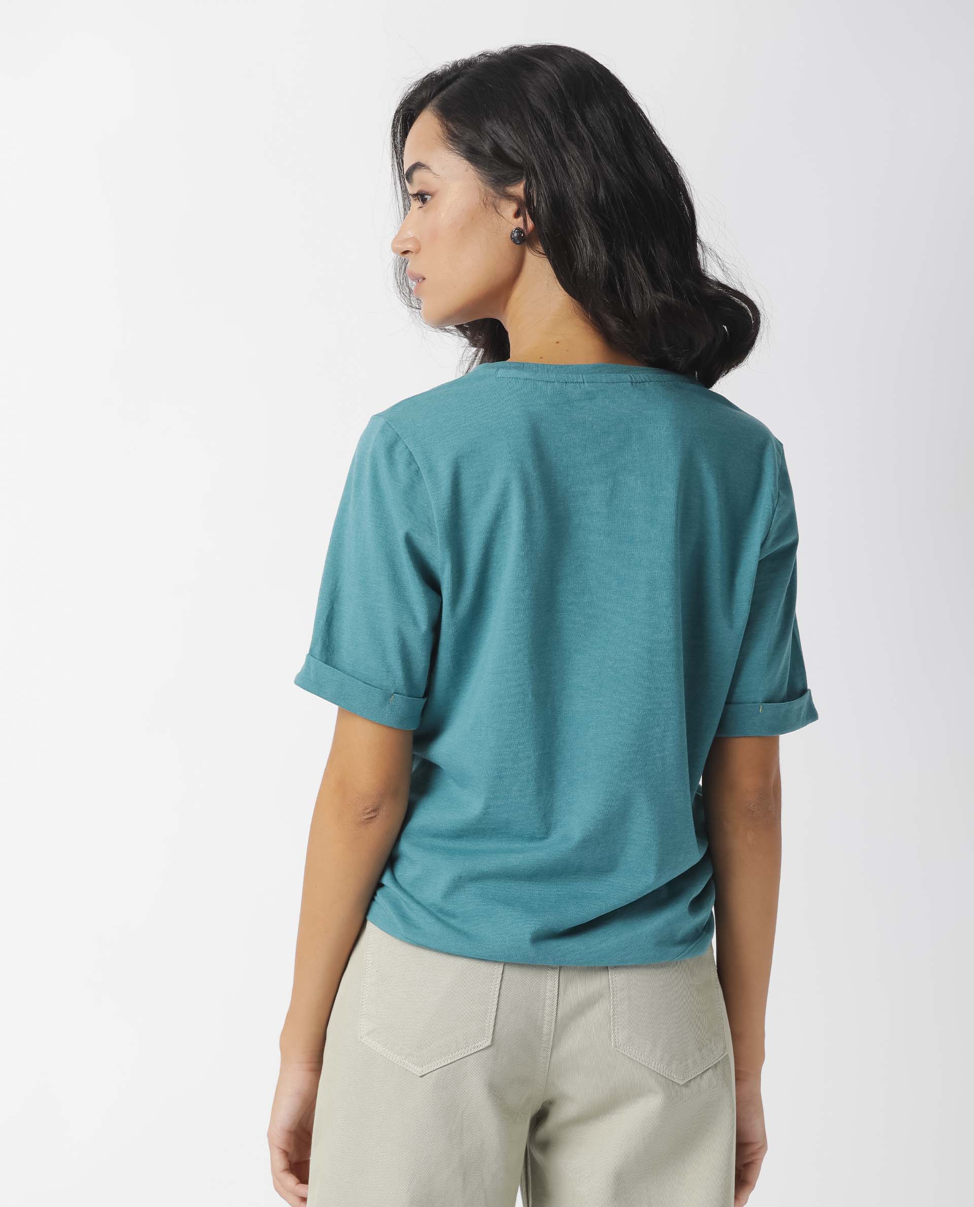 Rareism Women's Nova Tee 2 Green Cotton Blend Crew Neck Plain Regular Fit T-Shirt - Image 5