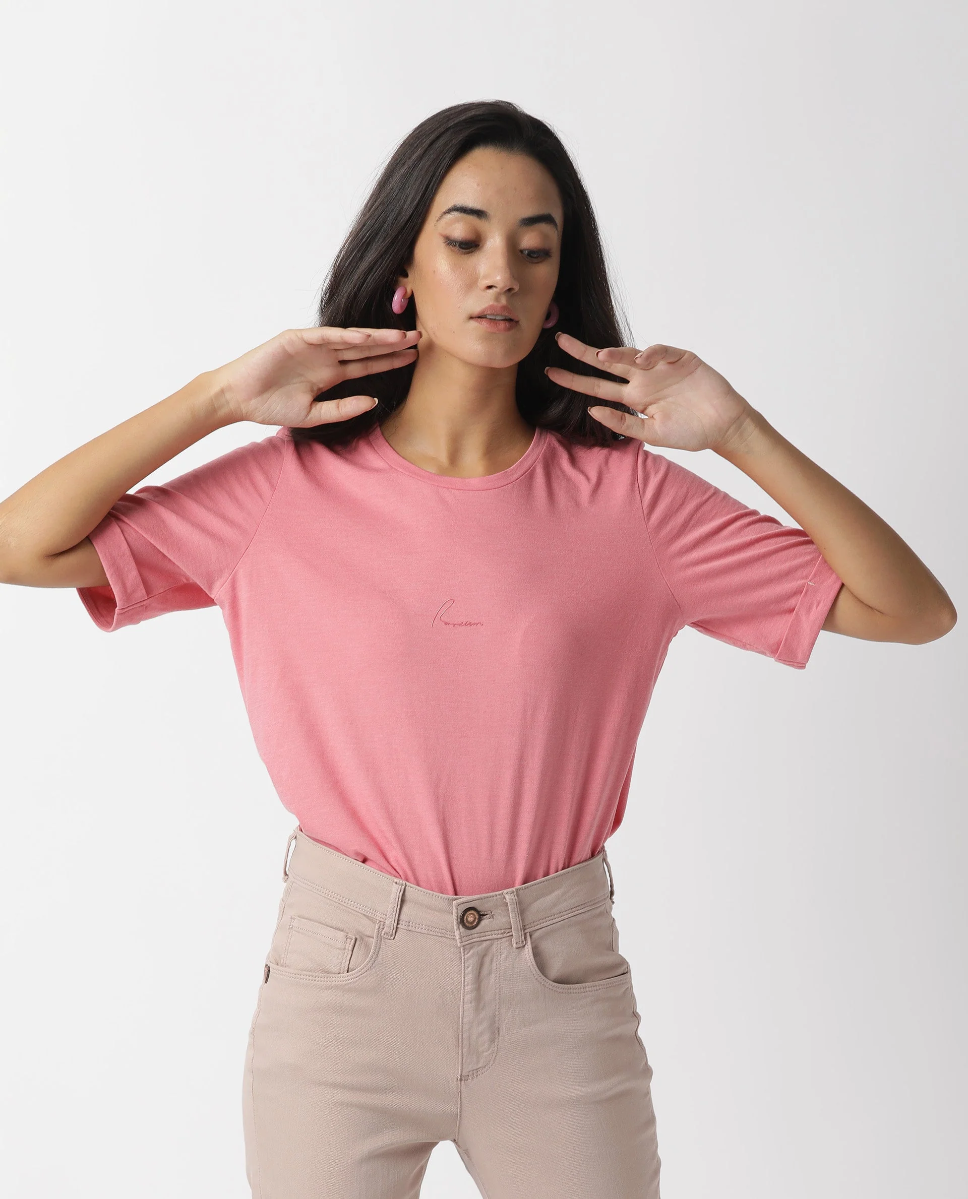 Rareism Women's Nova Tee 2 Pink Cotton Crew Neck Plain Regular Fit T-Shirt - Image 2
