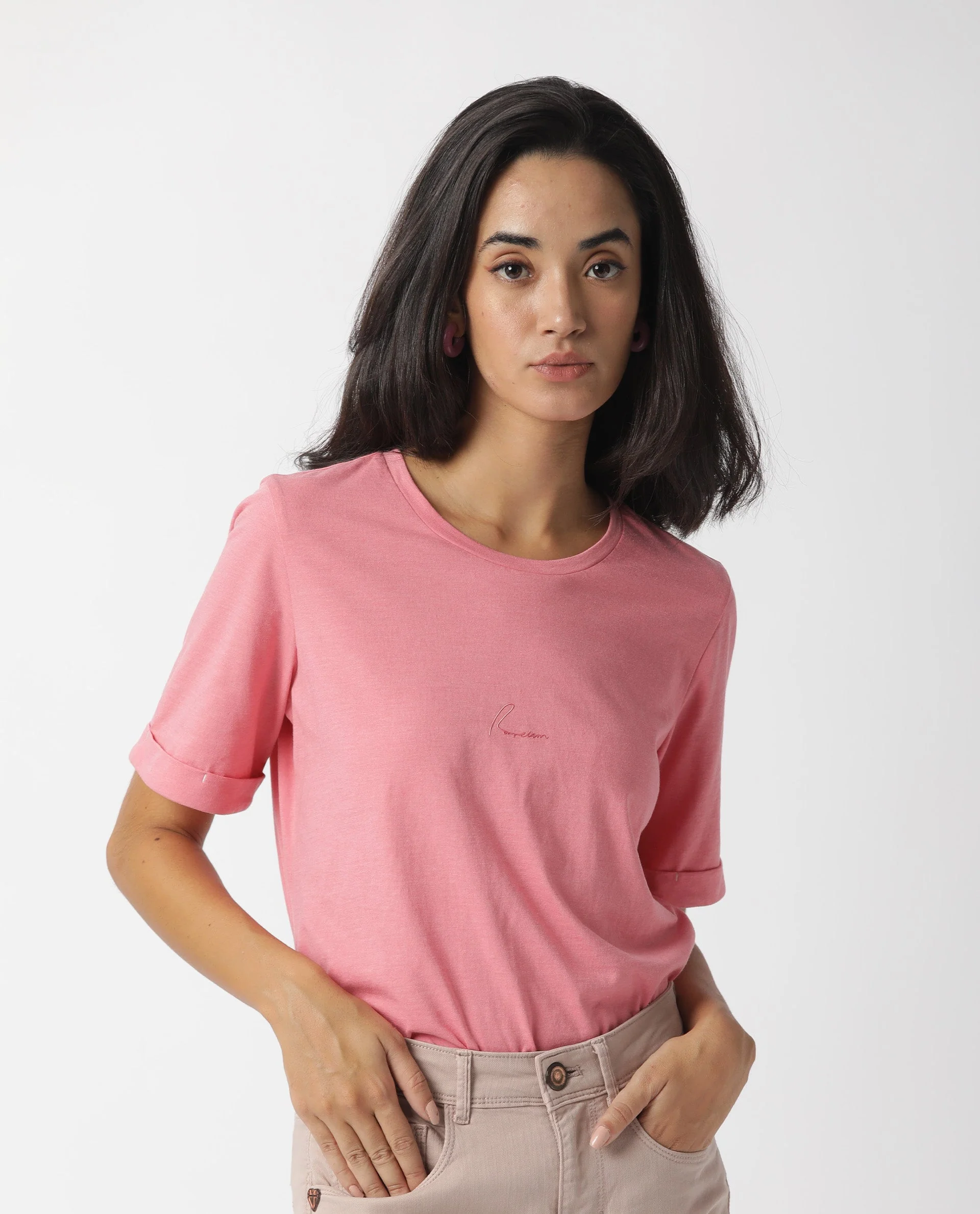 Rareism Women's Nova Tee 2 Pink Cotton Crew Neck Plain Regular Fit T-Shirt - Image 3