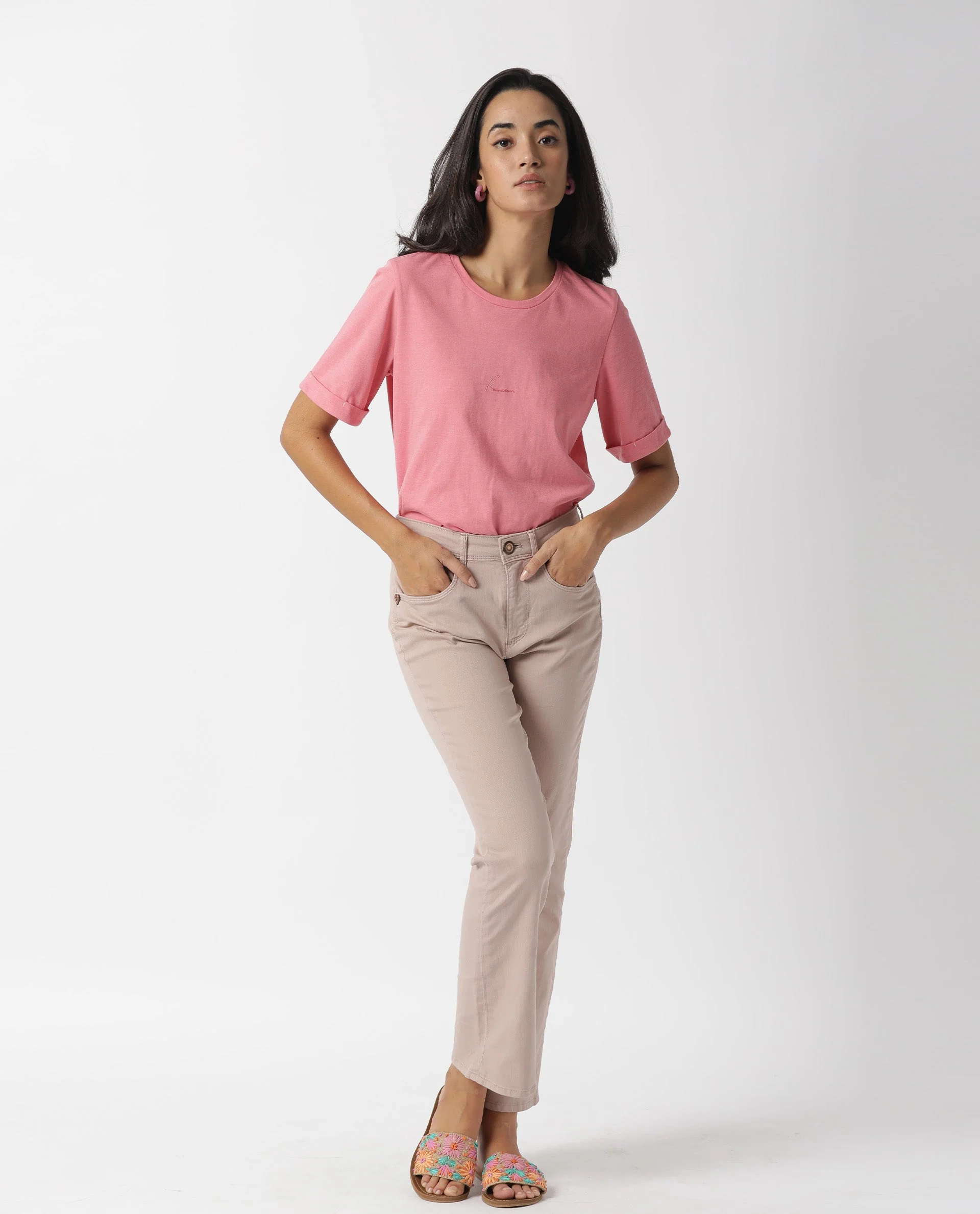 Rareism Women's Nova Tee 2 Pink Cotton Crew Neck Plain Regular Fit T-Shirt - Image 4
