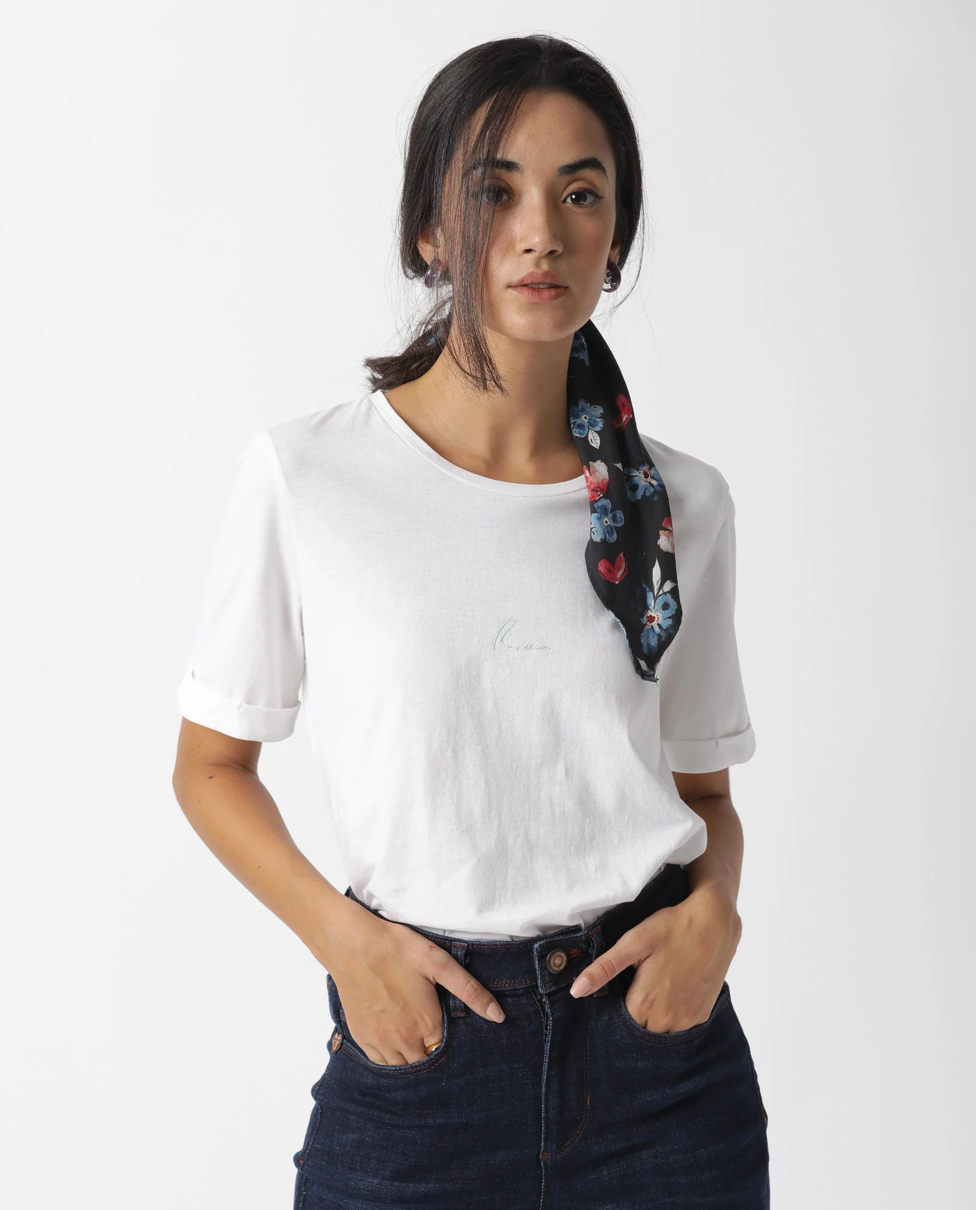 Rareism Women's Nova Tee 2 White Cotton Blend Crew Neck Plain Regular Fit T-Shirt