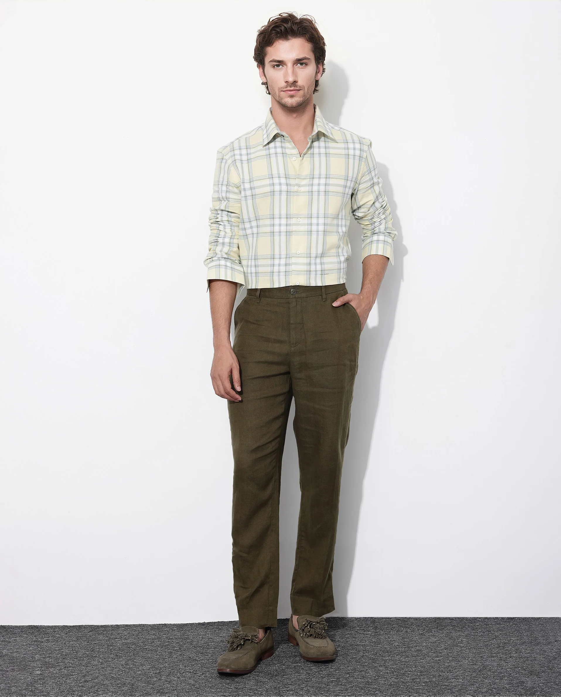 Rare Rabbit Men's Novelo Light Yellow Cotton Checked Print Regular Fit Full Sleeve Collared Shirt - Image 2