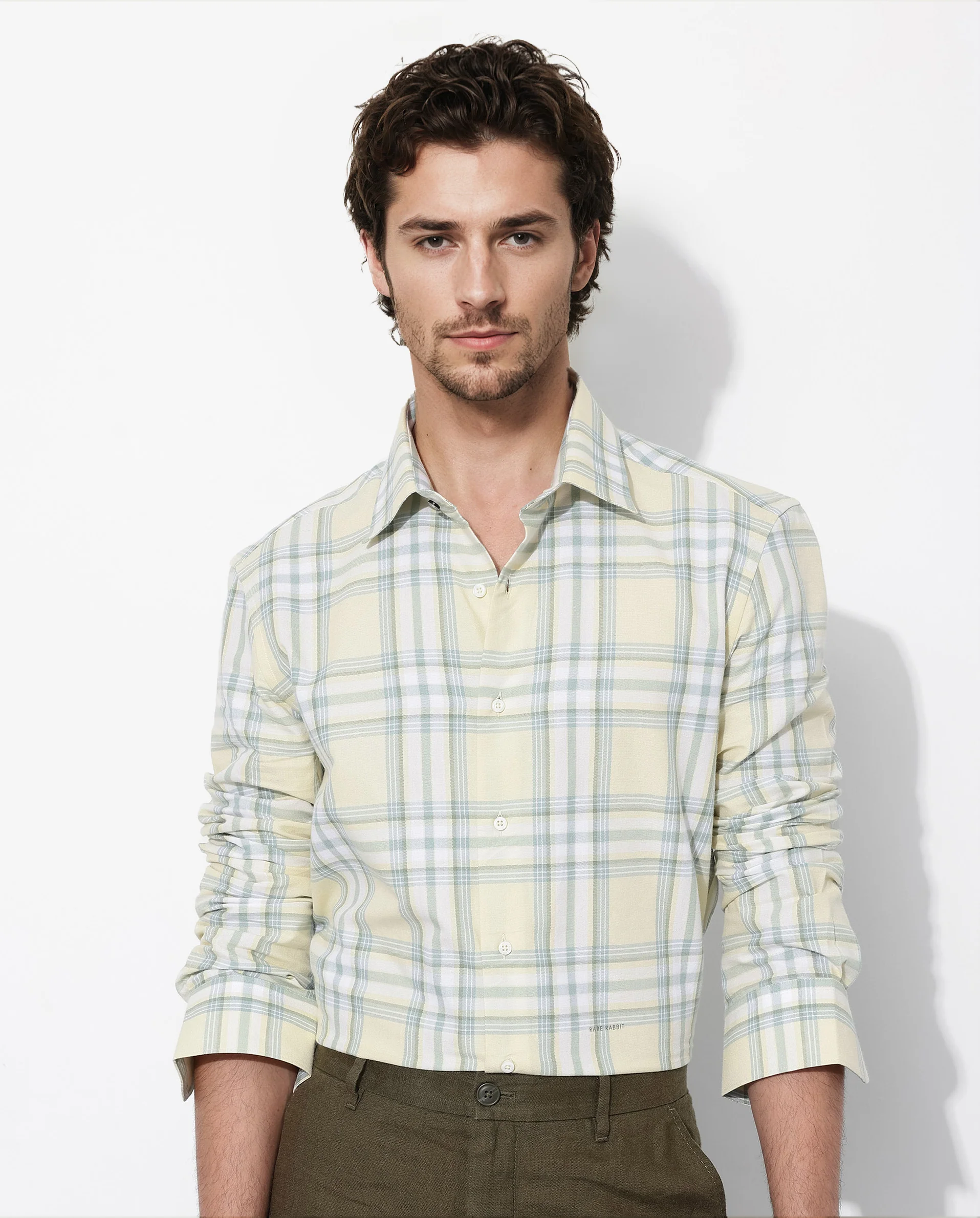 Rare Rabbit Men's Novelo Light Yellow Cotton Checked Print Regular Fit Full Sleeve Collared Shirt - Image 3