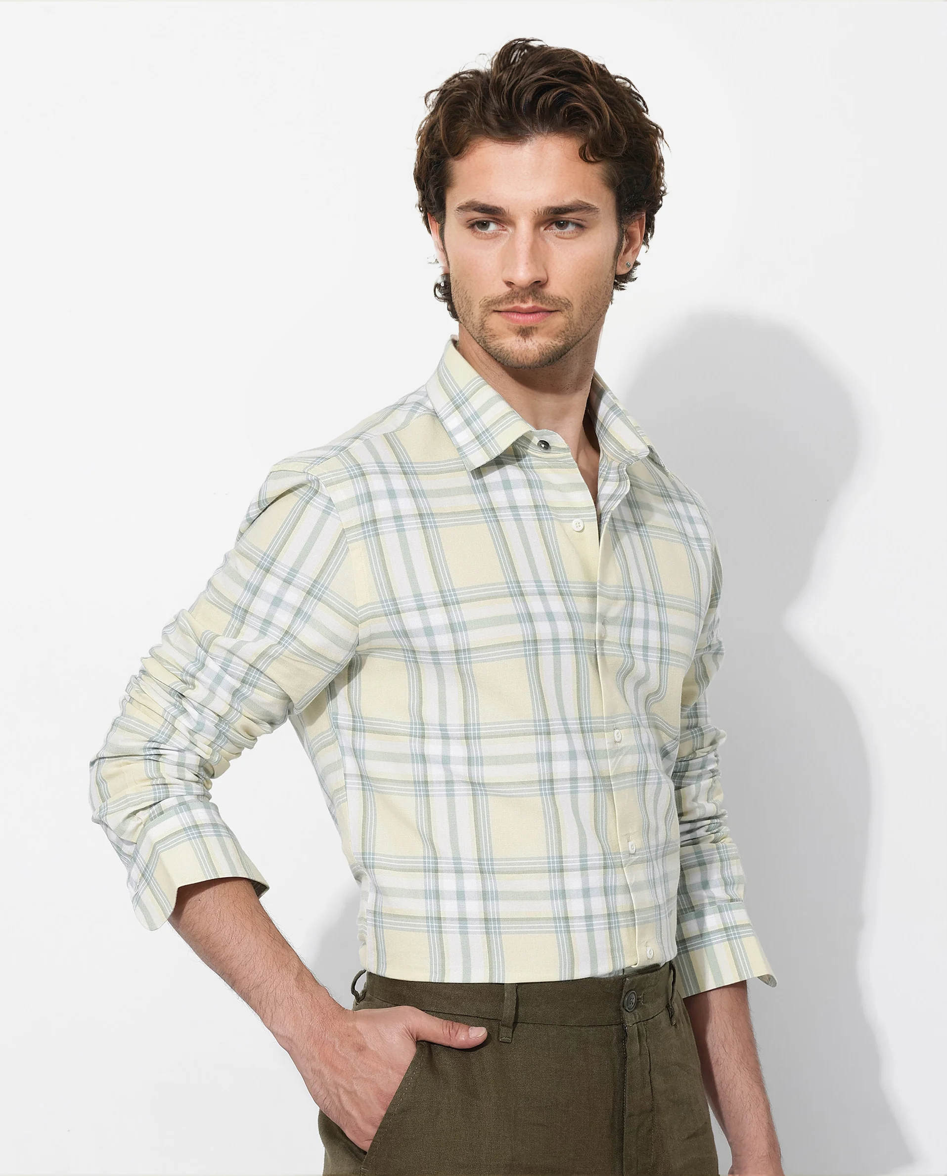 Rare Rabbit Men's Novelo Light Yellow Cotton Checked Print Regular Fit Full Sleeve Collared Shirt - Image 5
