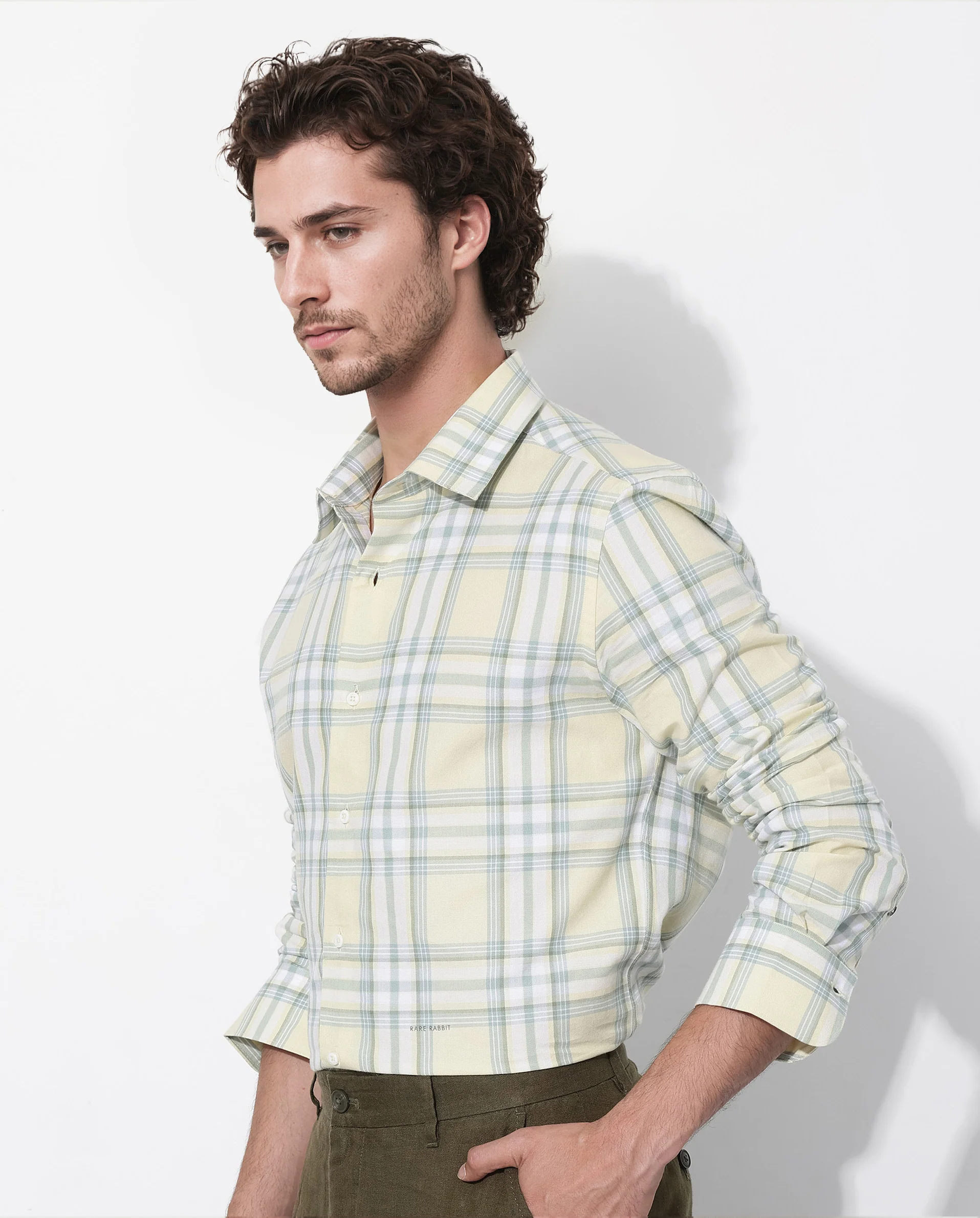 Rare Rabbit Men's Novelo Light Yellow Cotton Checked Print Regular Fit Full Sleeve Collared Shirt - Image 6