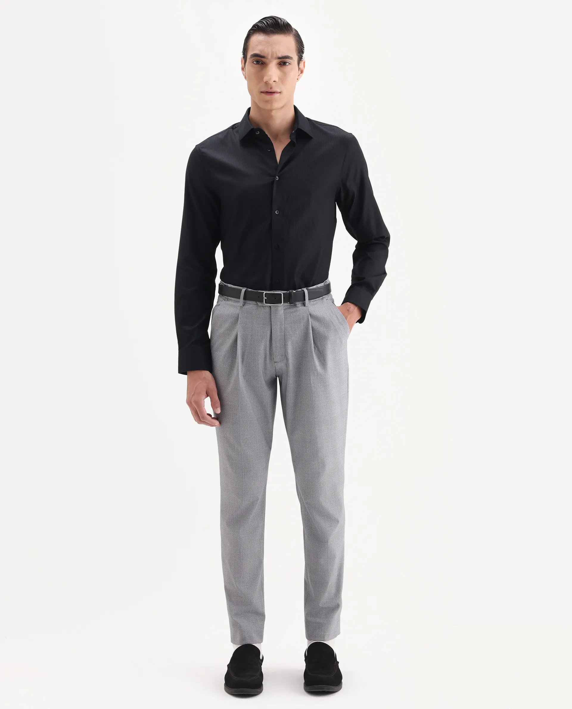 Rare Rabbit Men's Novo-25 Black Cotton Fabric Spread Collar Regular Plain Shirt - Image 2