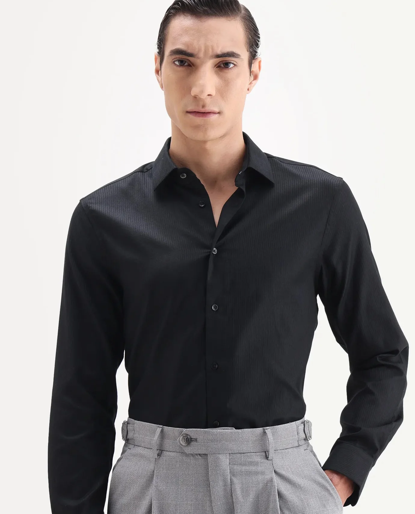Rare Rabbit Men's Novo-25 Black Cotton Fabric Spread Collar Regular Plain Shirt - Image 3