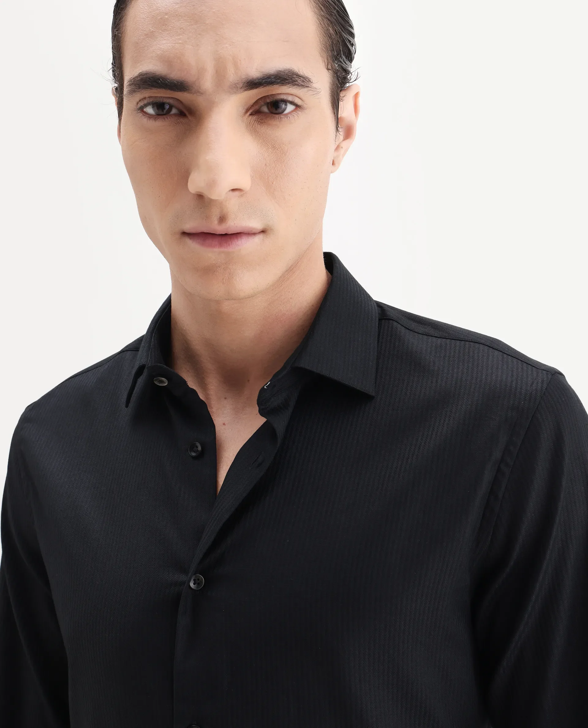 Rare Rabbit Men's Novo-25 Black Cotton Fabric Spread Collar Regular Plain Shirt - Image 4