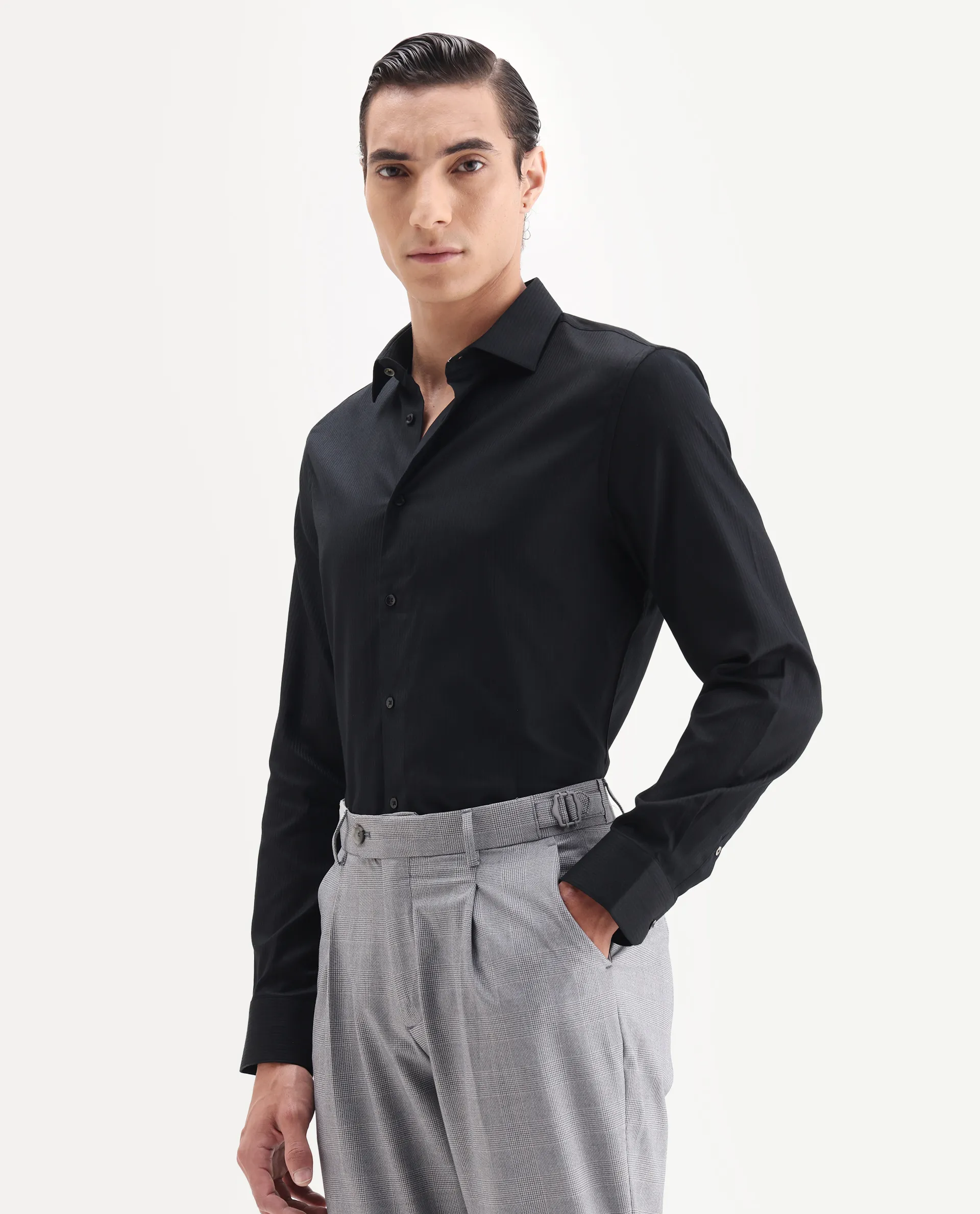 Rare Rabbit Men's Novo-25 Black Cotton Fabric Spread Collar Regular Plain Shirt - Image 5