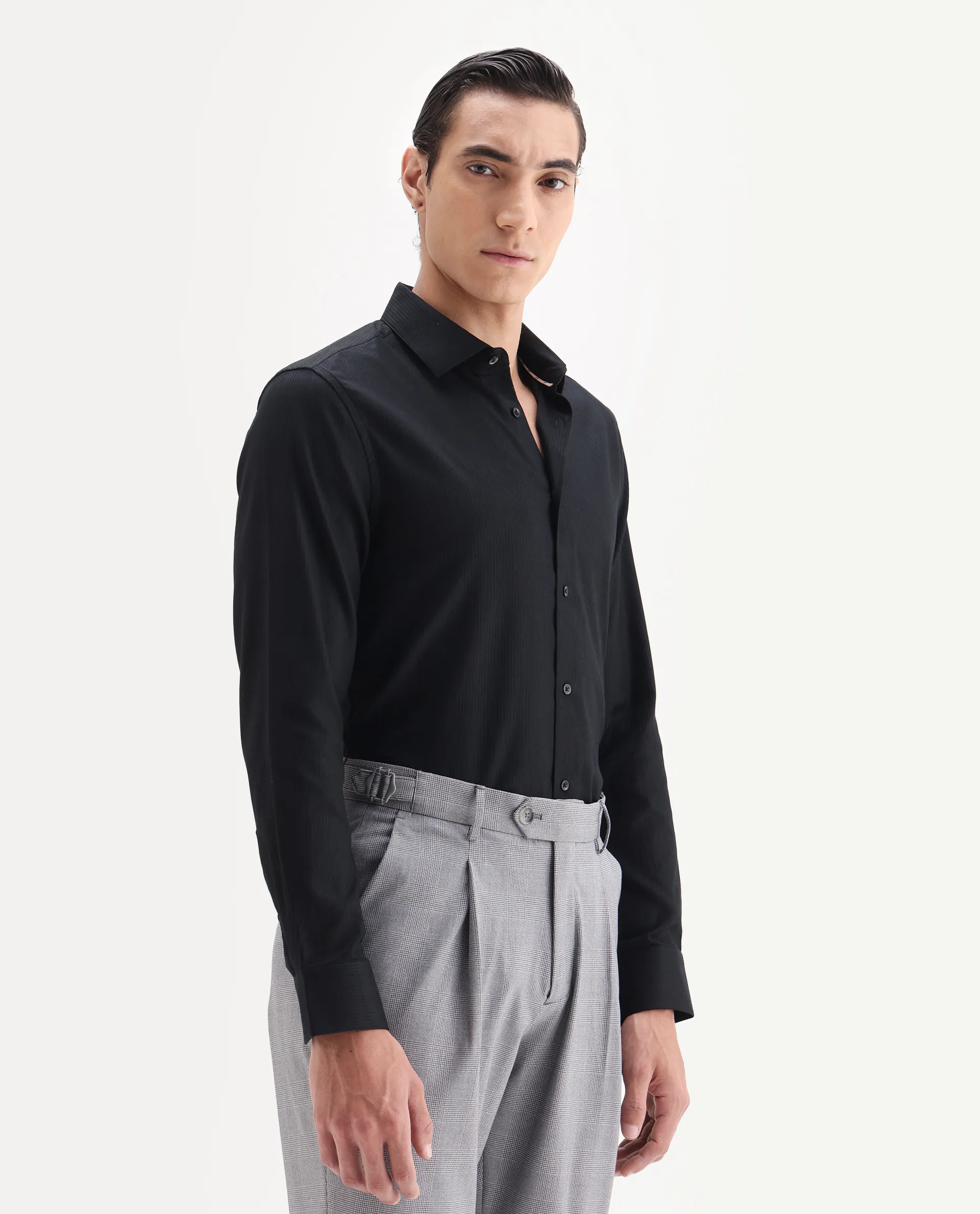 Rare Rabbit Men's Novo-25 Black Cotton Fabric Spread Collar Regular Plain Shirt - Image 6