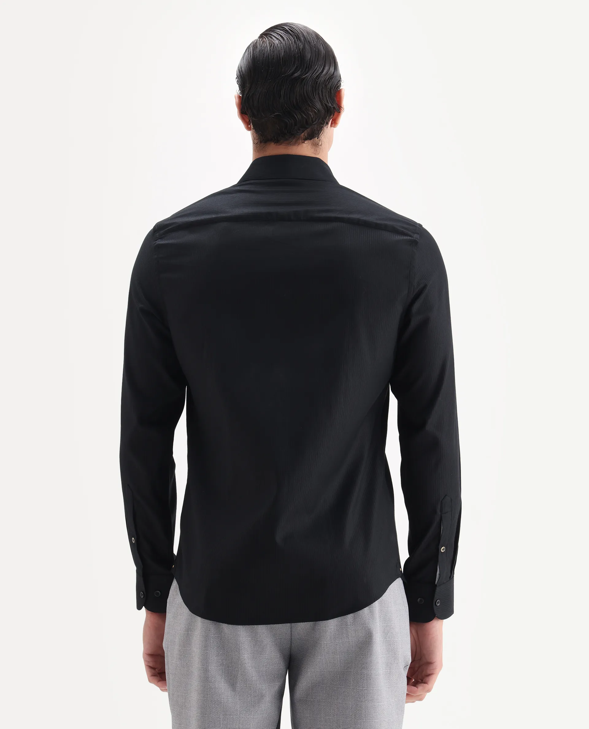 Rare Rabbit Men's Novo-25 Black Cotton Fabric Spread Collar Regular Plain Shirt - Image 8