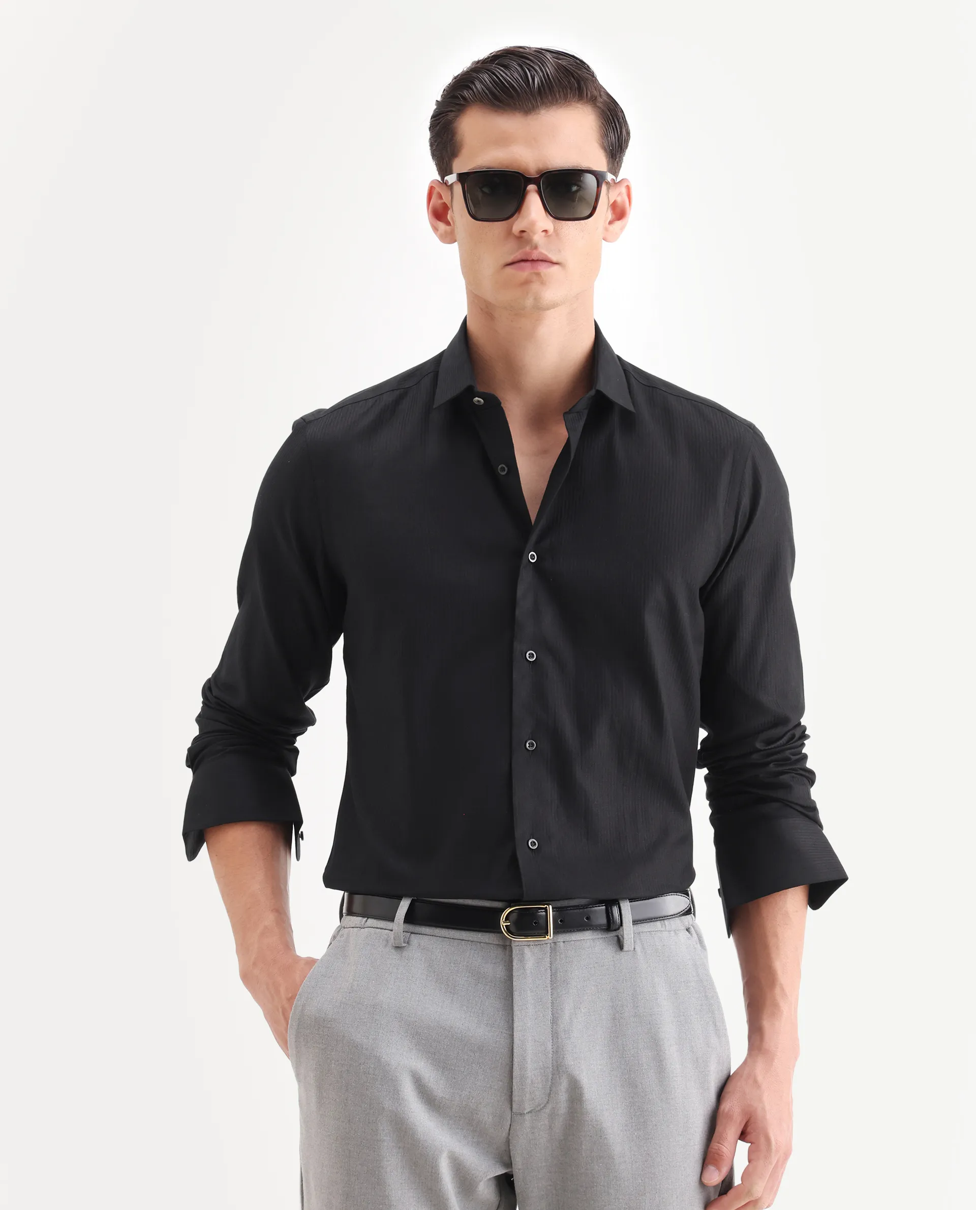 Rare Rabbit Men's Novo Black Cotton Textured Regular Fit Full Sleeve Collared Shirt