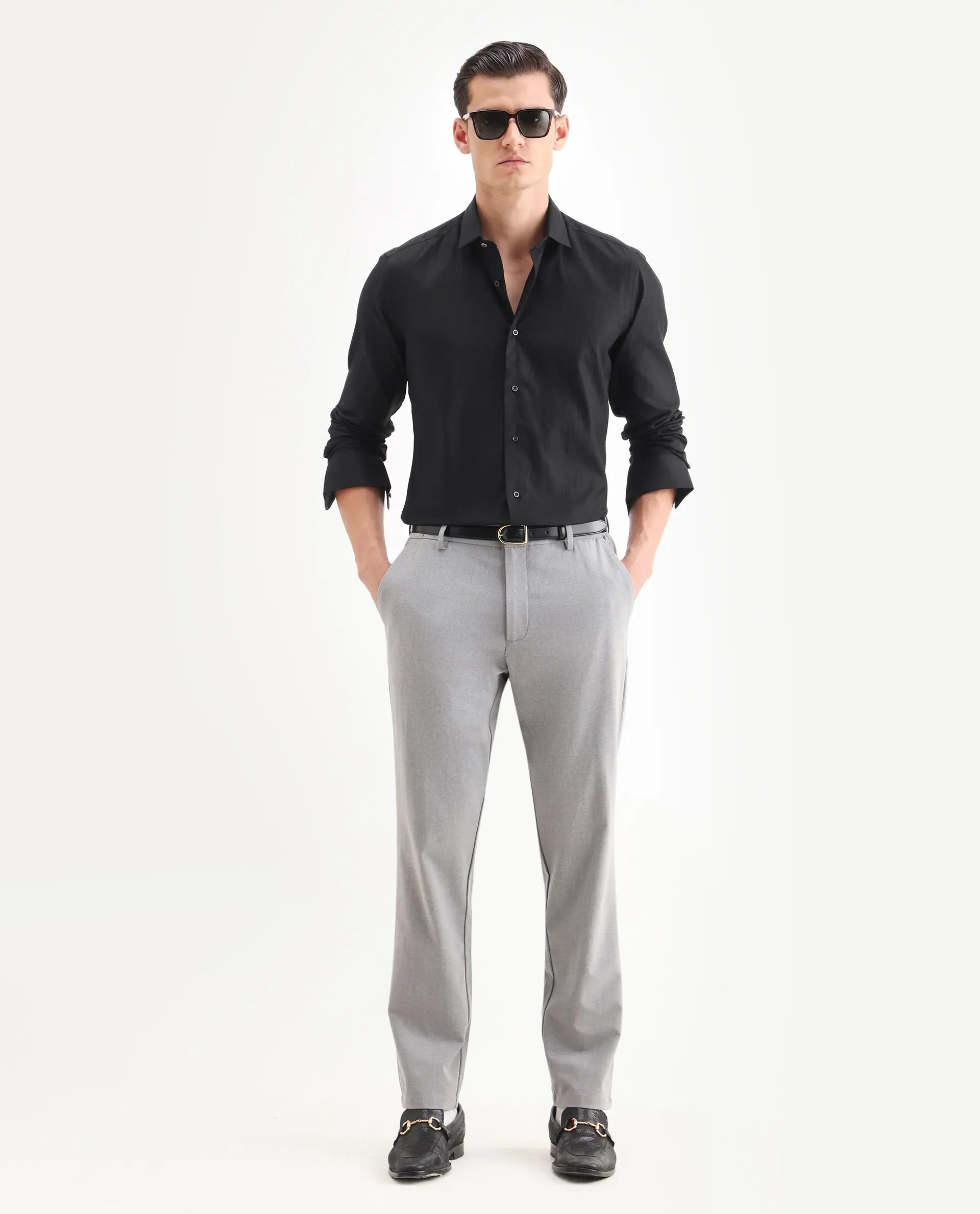 Rare Rabbit Men's Novo Black Cotton Textured Regular Fit Full Sleeve Collared Shirt - Image 2