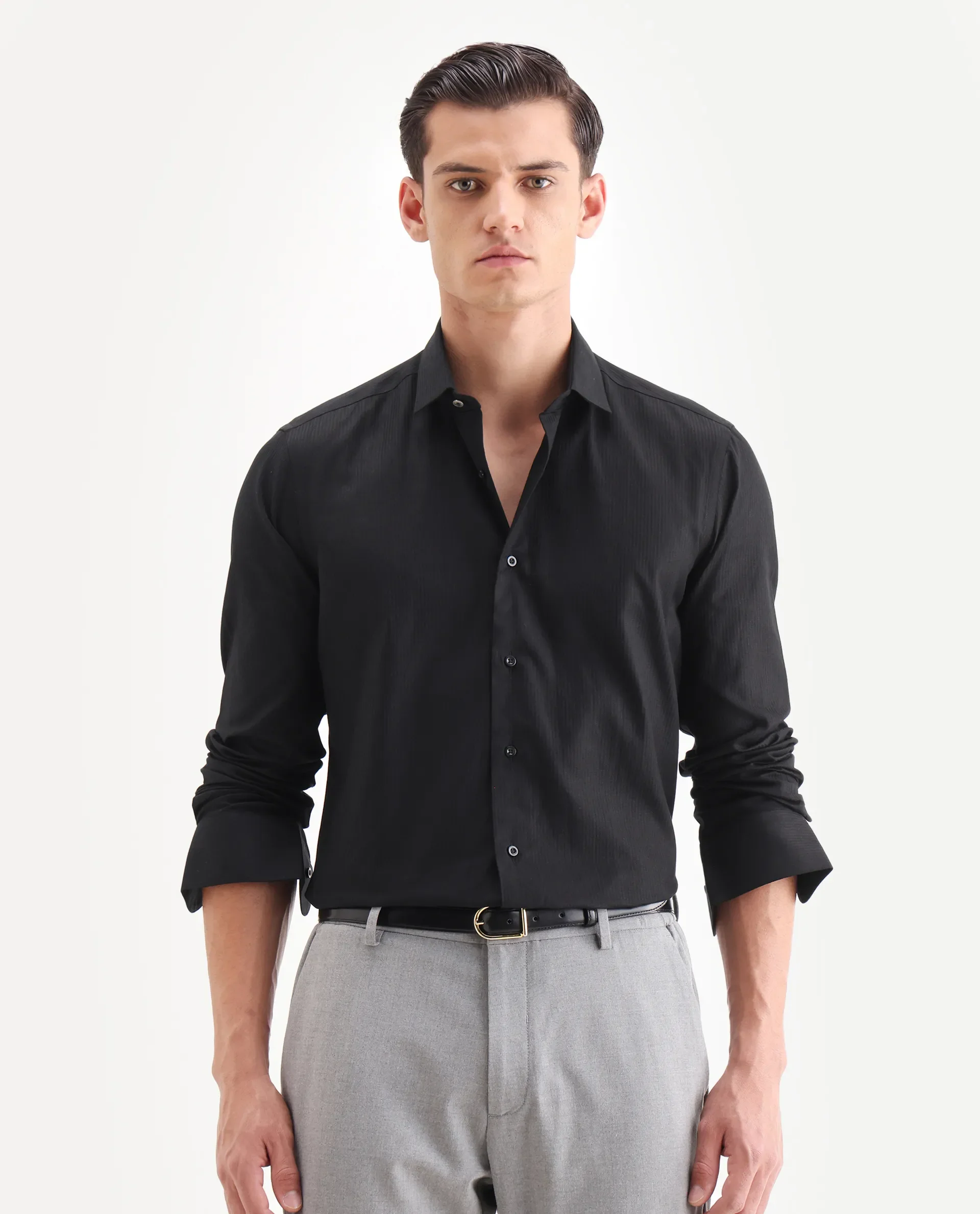 Rare Rabbit Men's Novo Black Cotton Textured Regular Fit Full Sleeve Collared Shirt - Image 4
