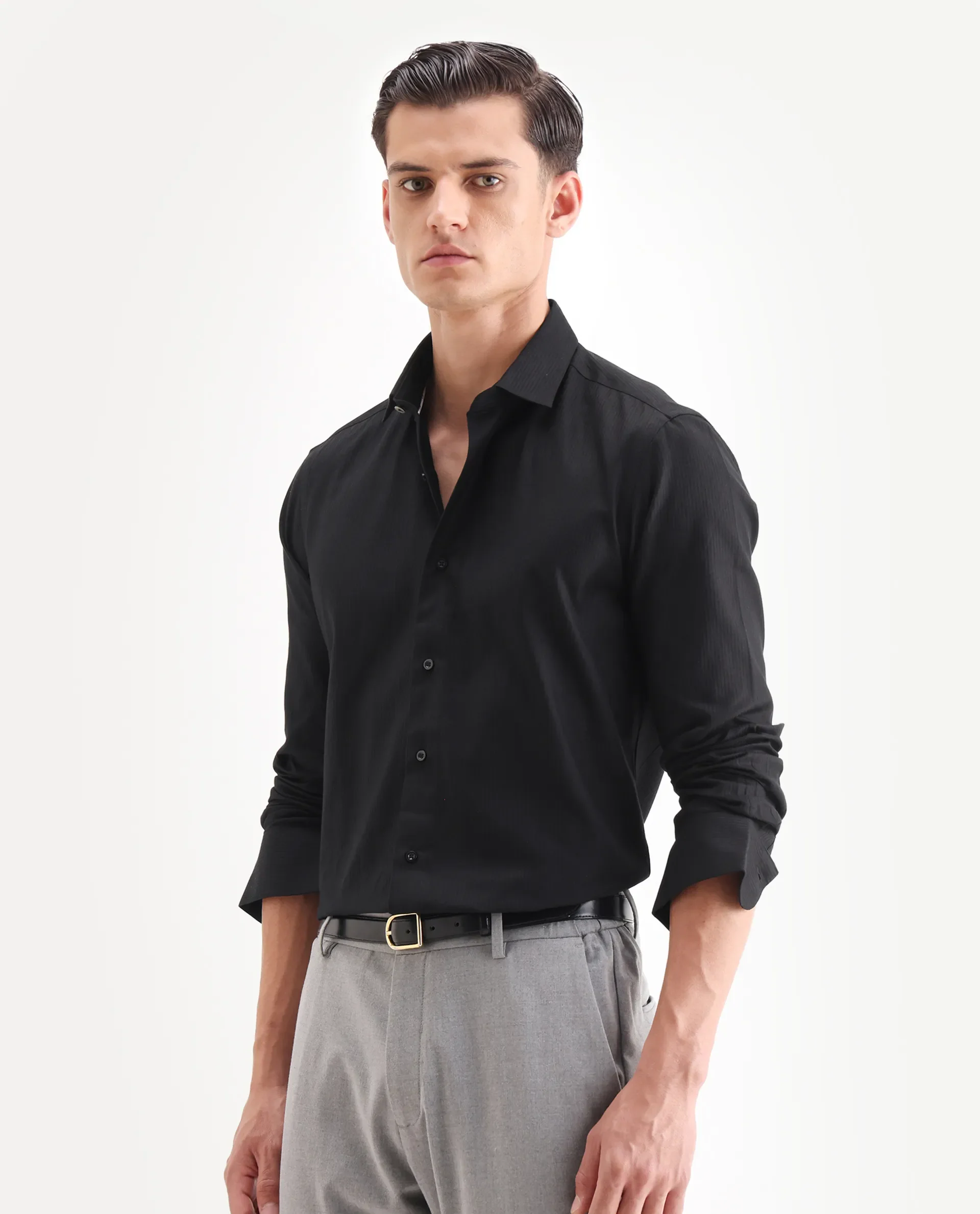 Rare Rabbit Men's Novo Black Cotton Textured Regular Fit Full Sleeve Collared Shirt - Image 5