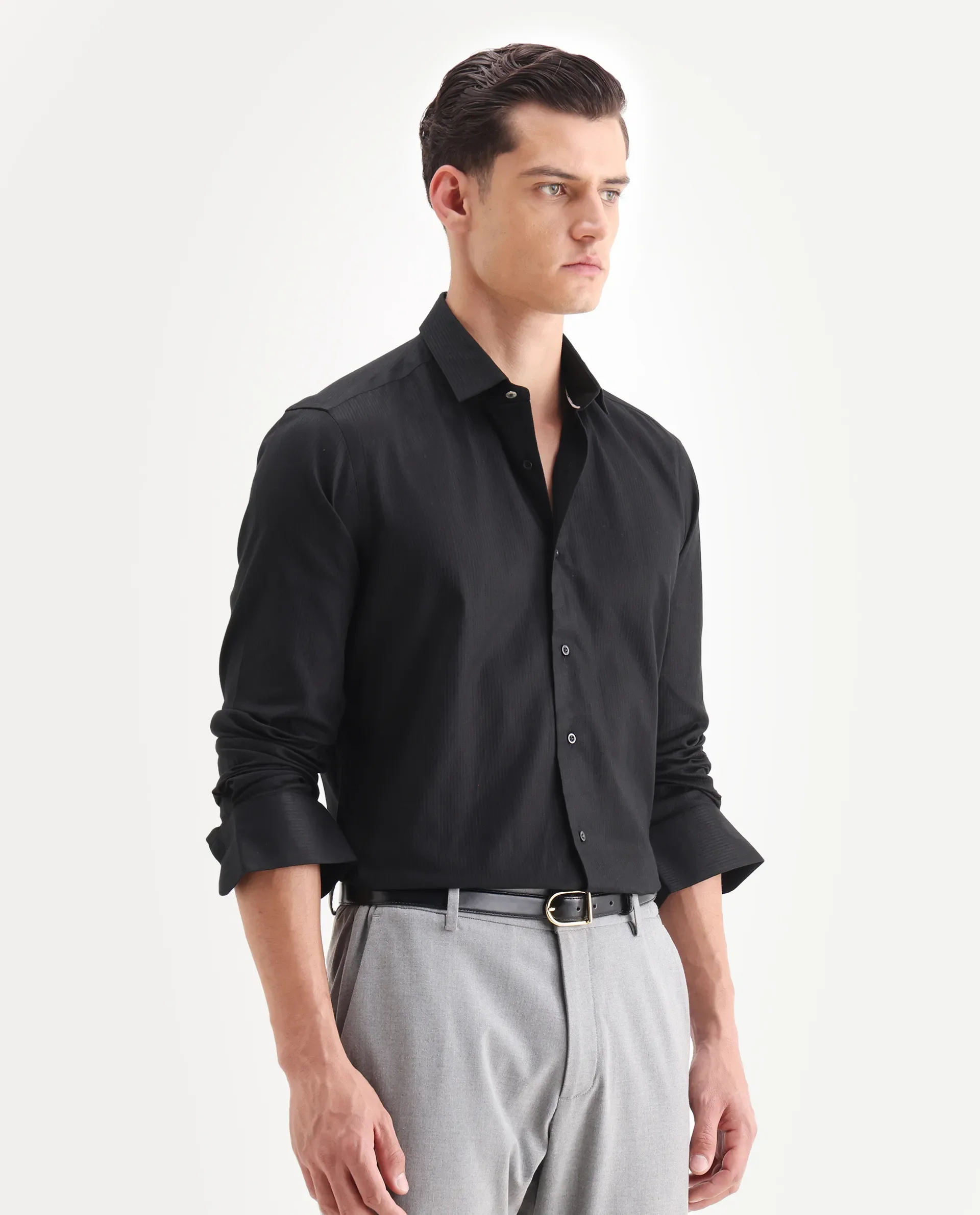 Rare Rabbit Men's Novo Black Cotton Textured Regular Fit Full Sleeve Collared Shirt - Image 6