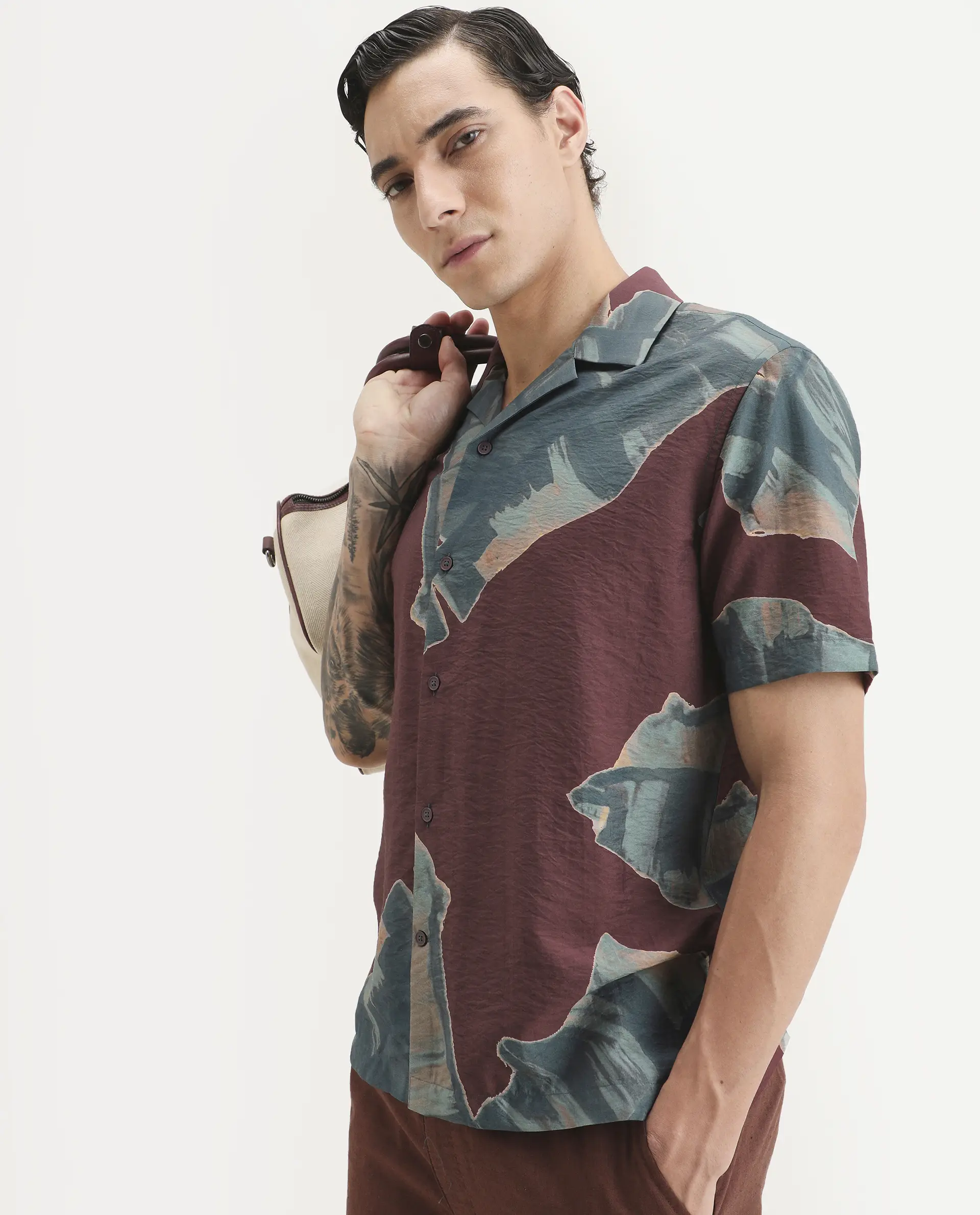Rare Rabbit Men's Noxi Maroon Viscose Blend Fabric Half Sleeve Spread Collar Regular Fit Tropical Print Shirt